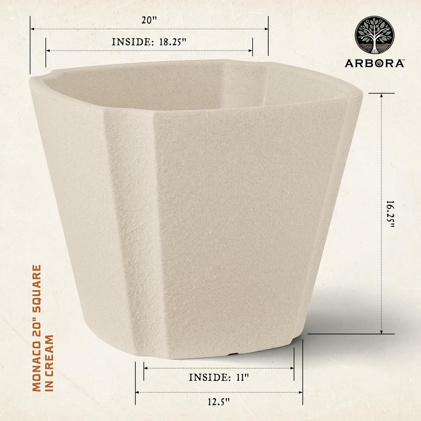 ARBORA 20" Monaco Square Polyresin Indoor and Outdoor Planter with Classic Cream Finish - Durable, Weatherproof, Lightweight, Large Plant Pot for Patio, Garden, Deck, Entryway