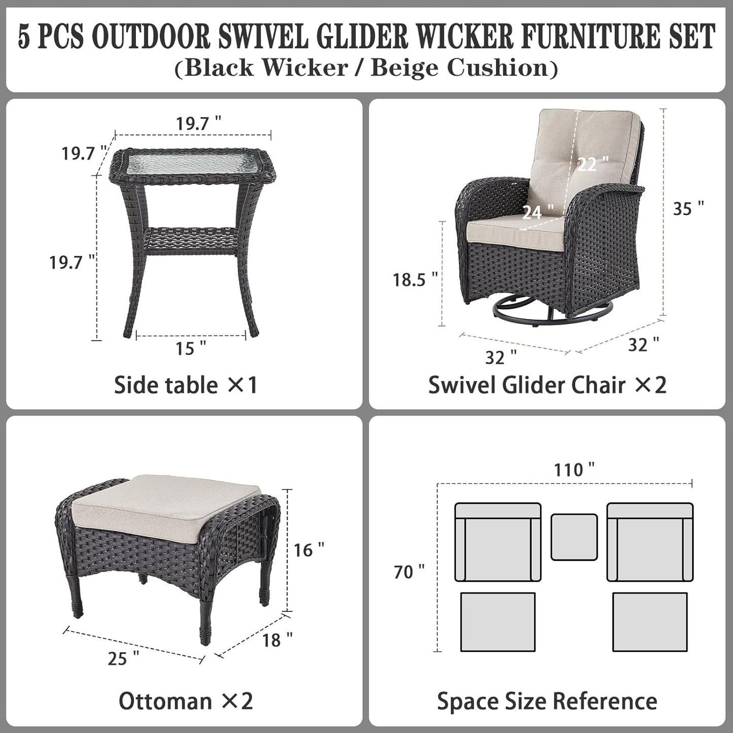 5 Pieces Wicker Patio Furniture Set - Swivel Rocker Outdoor Chairs with Ottomans and Side Table, Small Patio Conversation Set for Deck Porch Backyard Black