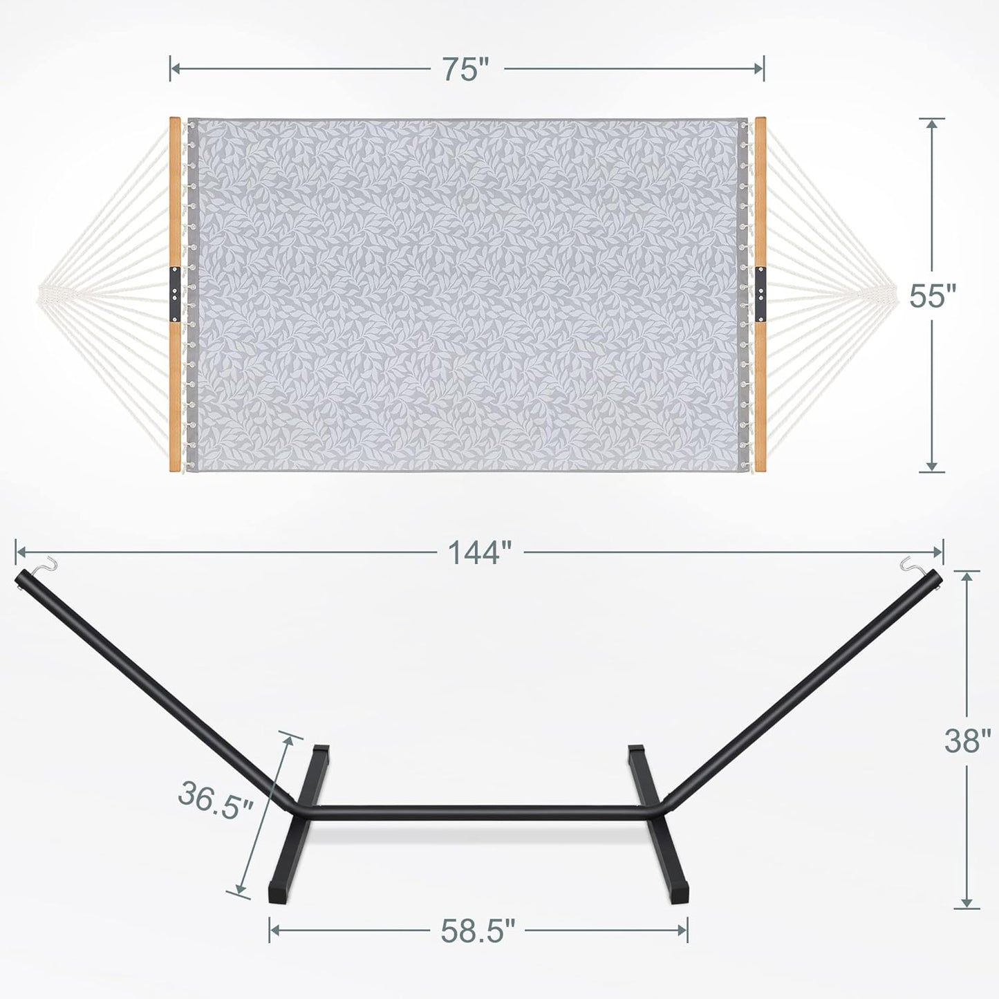 Two Person Hammock with Stand Heavy Duty, Outdoor Patio Hammock with Portable Steel Stand, Large Double Hammocks with Quick Dry Textilene Fabric,480lbs Capacity.(Grey White)