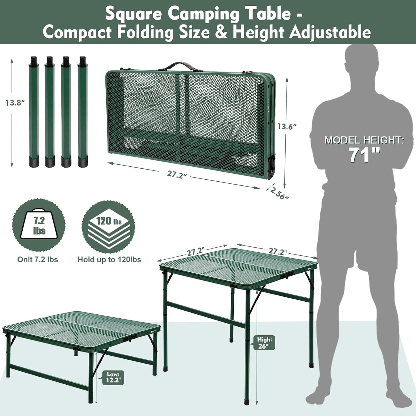 Square Folding Table, Easy for Storage, Compact and Portable Picnic Table for Grill, Outdoor Camping, Garden, Patio, Dining, BBQ, Party, Market and Card Table, 27.2 L×27.2W inches