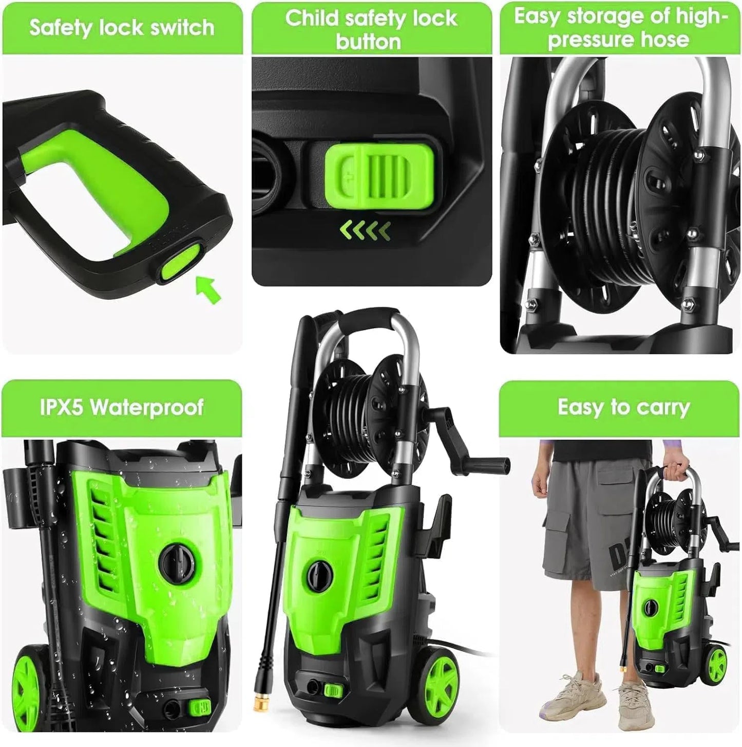 4800 PSI Pressure Cleaner- 4.0 GPM High Power Cleaner with 33FT Hose Reel, 4 Spray Tips and Soap Bottle for Car Washing, Fence Cleaning, Patio Maintenance（Upgraded） (Green)