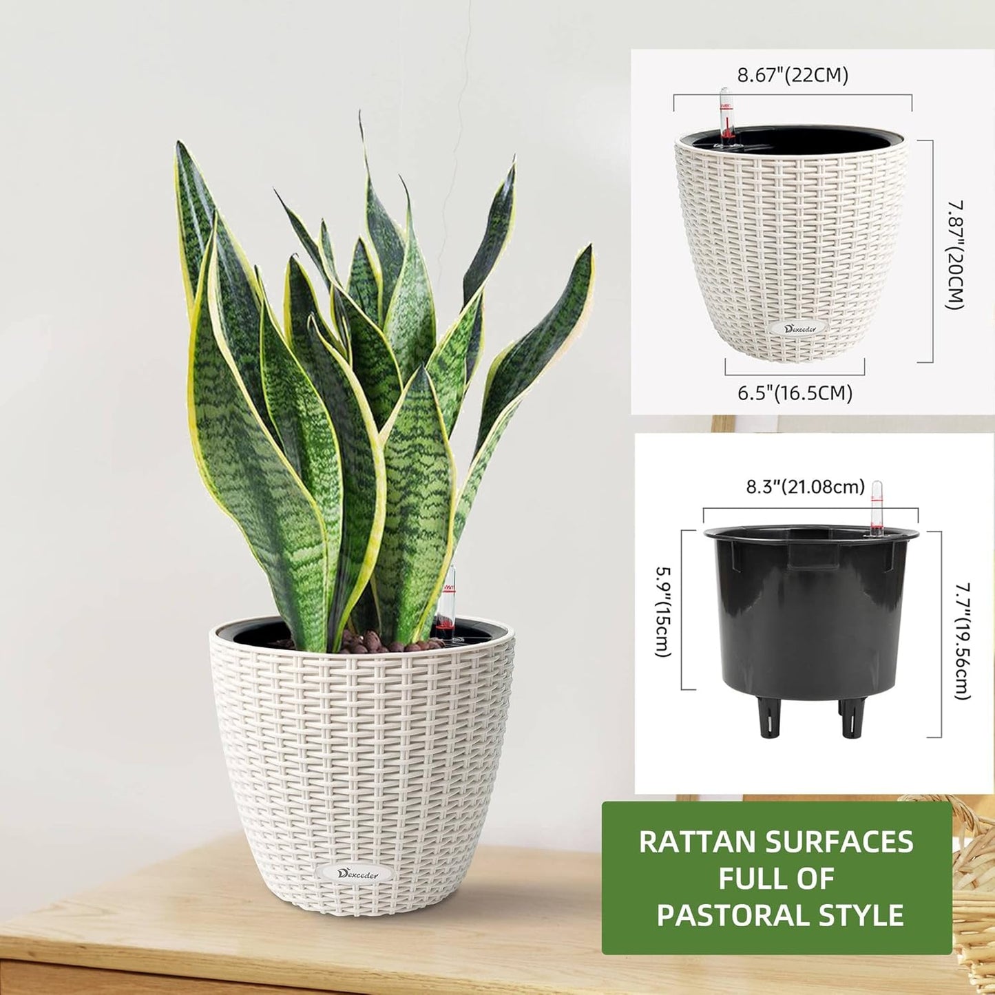 Dexceder 9x8 Inches Rattan Self Watering Planter Indoor Outdoor, Inner Pot Design, Thickened Table Flower Plant Pot with Water Level Indicator (Ivory White)