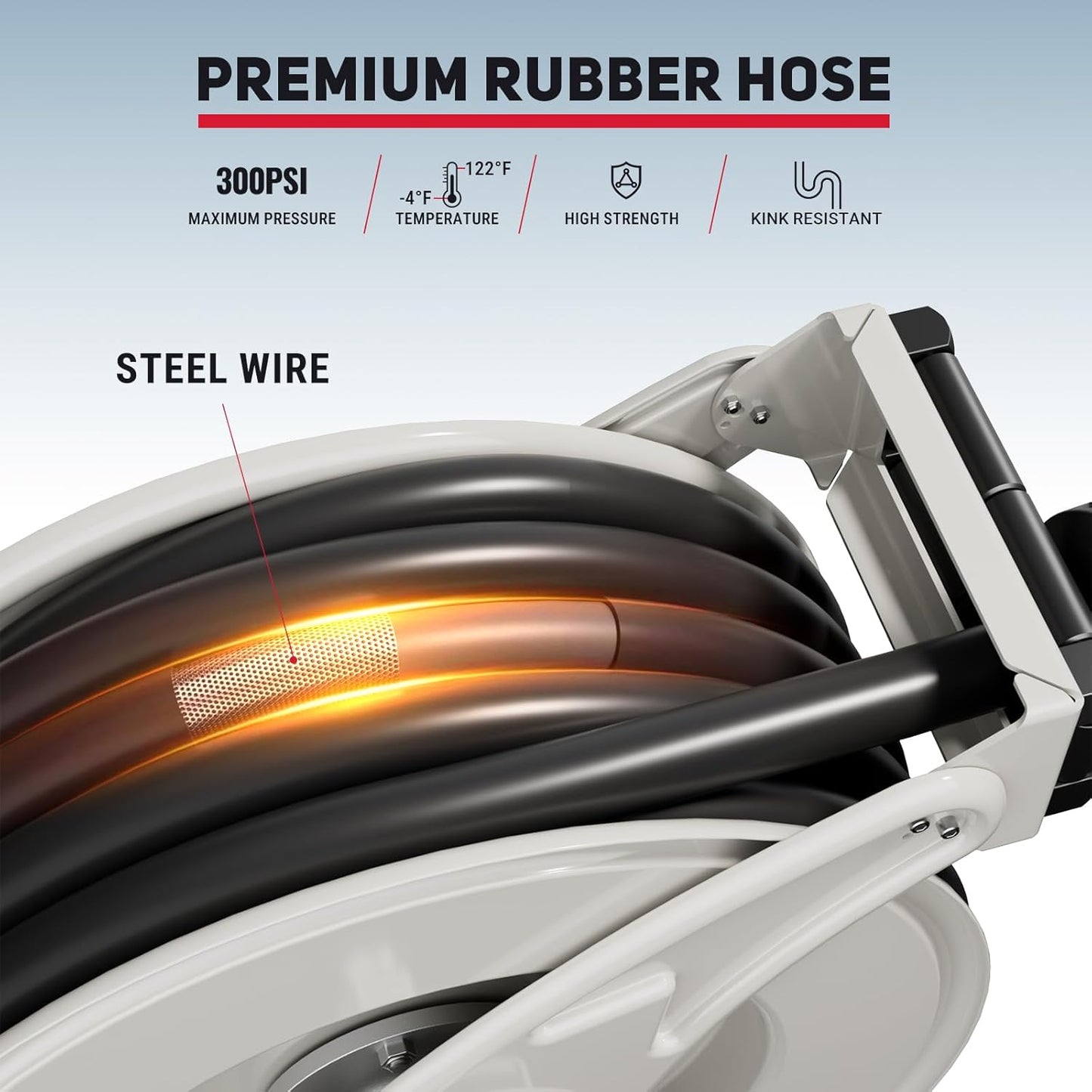 Fuel Hose Reel 3/4" x 50' Retractable with Fueling Nozzle Diesel Hose Reel 300 PSI Industrial Auto Swivel Heavy Duty Steel Construction for Farm Ship Vehicle Tank