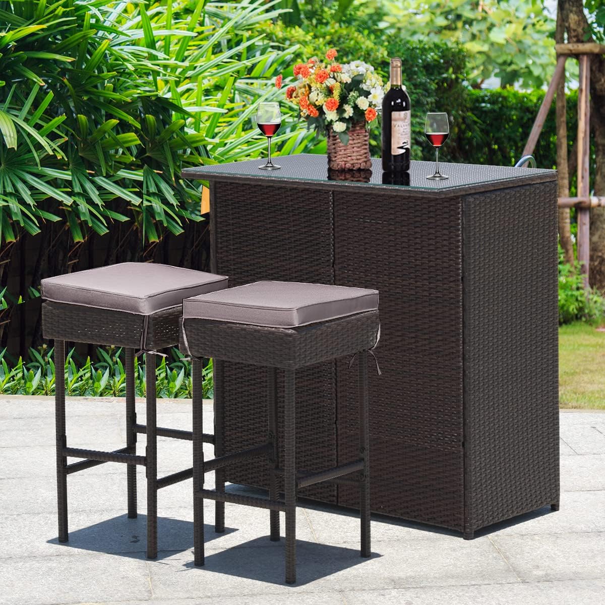 Tangkula Patio Bar Set, 3 Piece Outdoor Rattan Wicker Bar Set with 2 Cushions Stools & Glass Top Table, Gray & Off White Cover, Outdoor Furniture Set for Patio Backyard Porch Garden Poolside