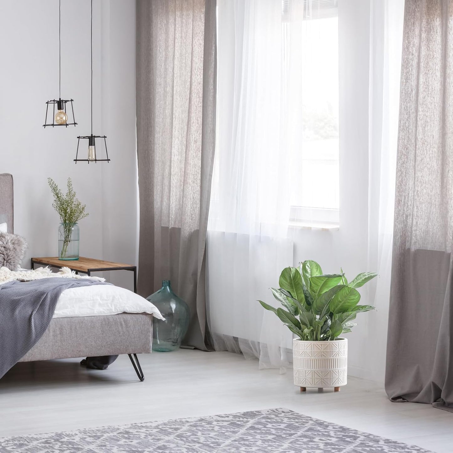 Ceramic Plant Pot with Foots: 10 Inch Planter with Wooden Legs - Large Pots for Indoor Plants - Modern Flower Pot for Home Office Patio Garden Windowsill