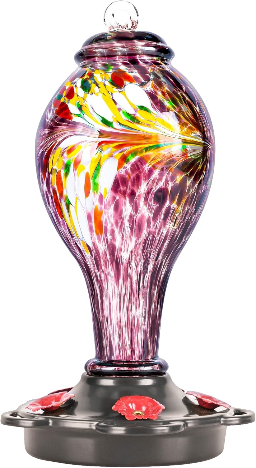 LUJII Hand Blown Glass Hummingbird Feeder for Outdoors Hanging with Ant Guard, 25 fl.oz, Leak Proof & Rustproof, Metal Base with 5 Feeding Ports & 5 Perches, Unique Garden & Backyard Decor (Purple)