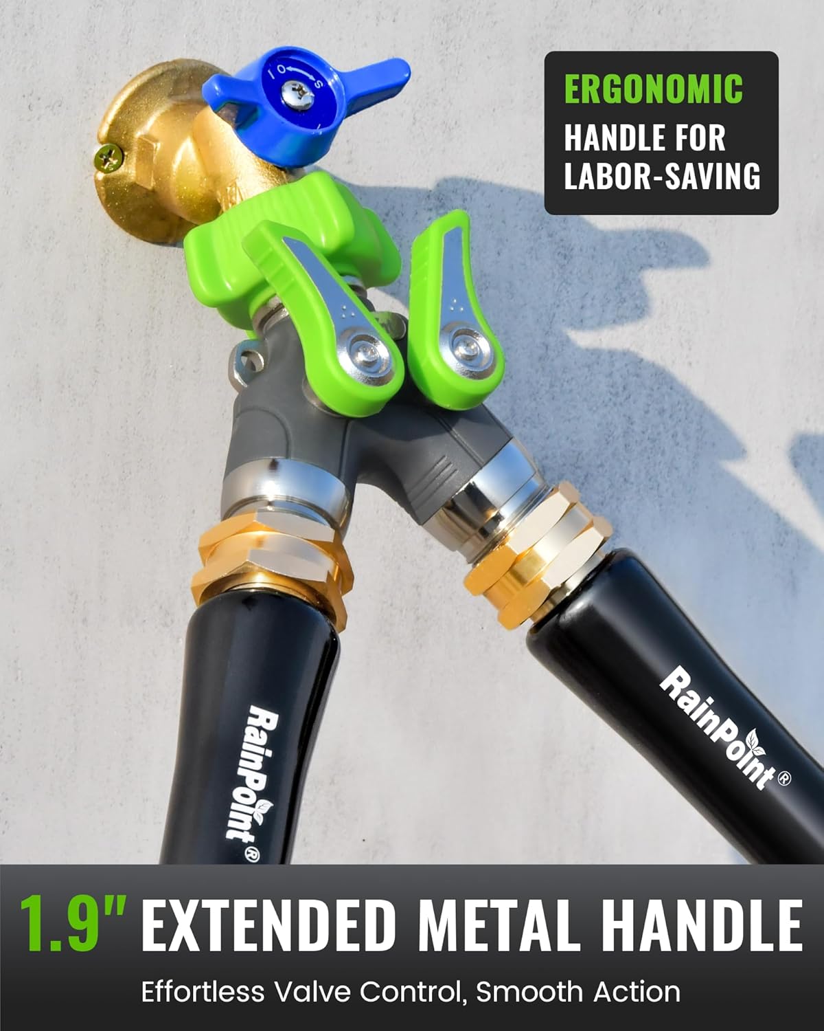 RAINPOINT Garden Hose Splitter, 2 Way Heavy Duty Water Hose Y Spigot Splitter with Shutoff Valves, 100% Metal Body Outdoor Faucet Splitter, 1.9" Extra Long Metal Handle, 3/4" GHT Thread (1, Green)