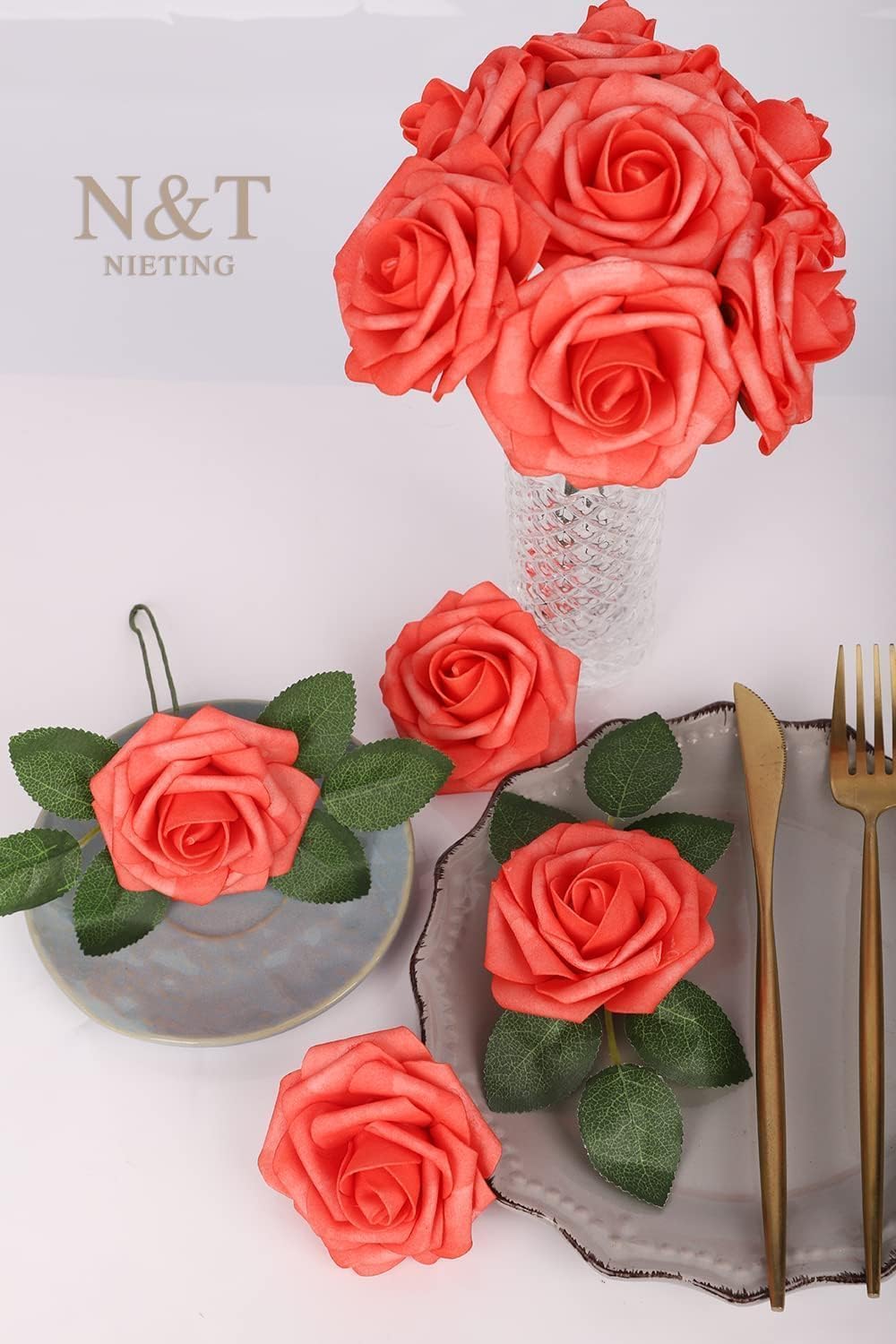 N&T NIETING Artificial Flowers 25pcs Real Looking Coral Foam Fake Roses with Stems for DIY Wedding Bouquets Bridal Shower Centerpieces Floral Arrangements Party Tables Home Decorations