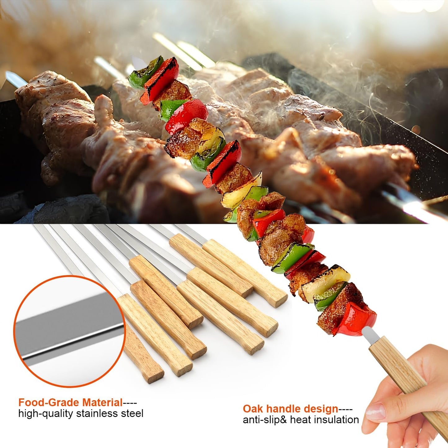 SHIKORI Kabob Skewers,BBQ Barbecue Skewers,Stainless Steel Sticks,17 Inch Heavy Duty Large Wide Reusable,with Nonslip Wooden-16 Pcs