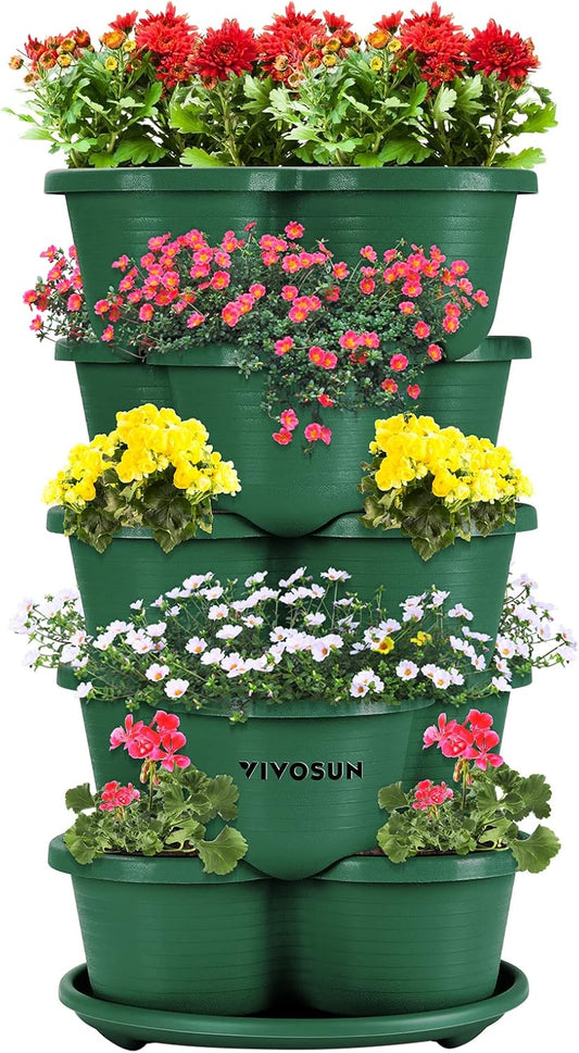 VIVOSUN 5 Tier Vertical Gardening Stackable Planter for Strawberries, Flowers, Herbs, Vegetables, Dark Green