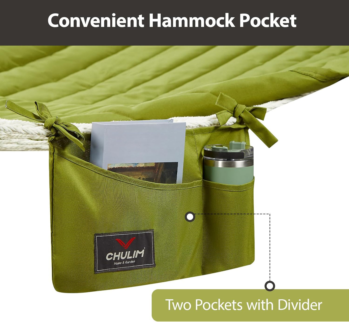 Outdoor Double Hammock with Hardwood Spreader Bars, Large Rope Hammock with Polyester Pad and Pillow, 475 LBS Capacity for 2 Person Patio Backyard Poolside - Green