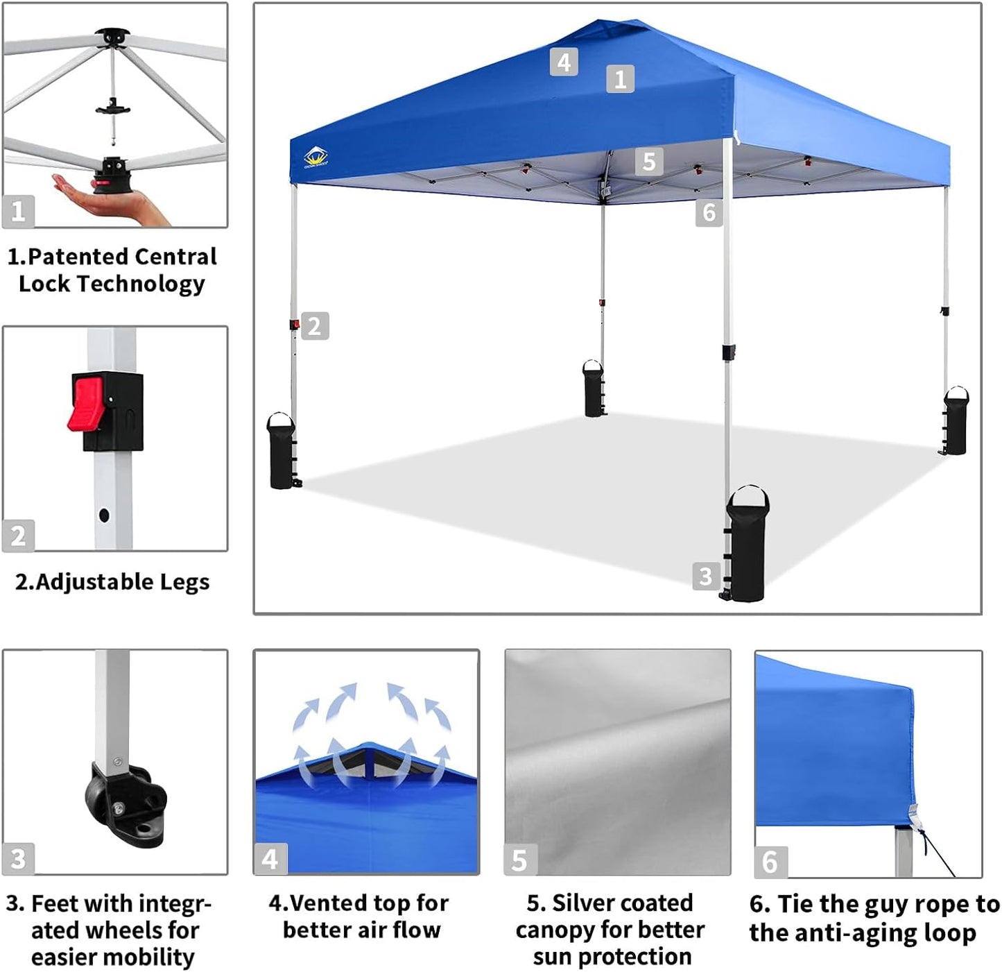 CROWN SHADES 10x10 Pop Up Canopy - Beach Tent with One Push Setup - Easy Outdoor Sun Shade for Events, Parties, Camping - Gazebo with STO-N-Go Cover Bag, Silver Coated Top, Blue