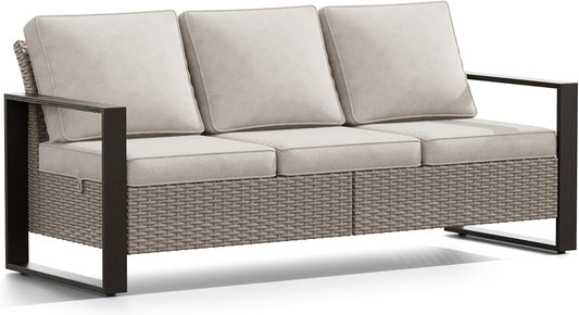Joyside Outdoor Patio Wicker Sofa, 3-Seater Rattan Sofa with Thick Olefin Cushions and Metal Steel Rectangular Framed Armrest -Looking Metal Armrest Suitable for Garden, Backyard, Porch, Deck (Beige)