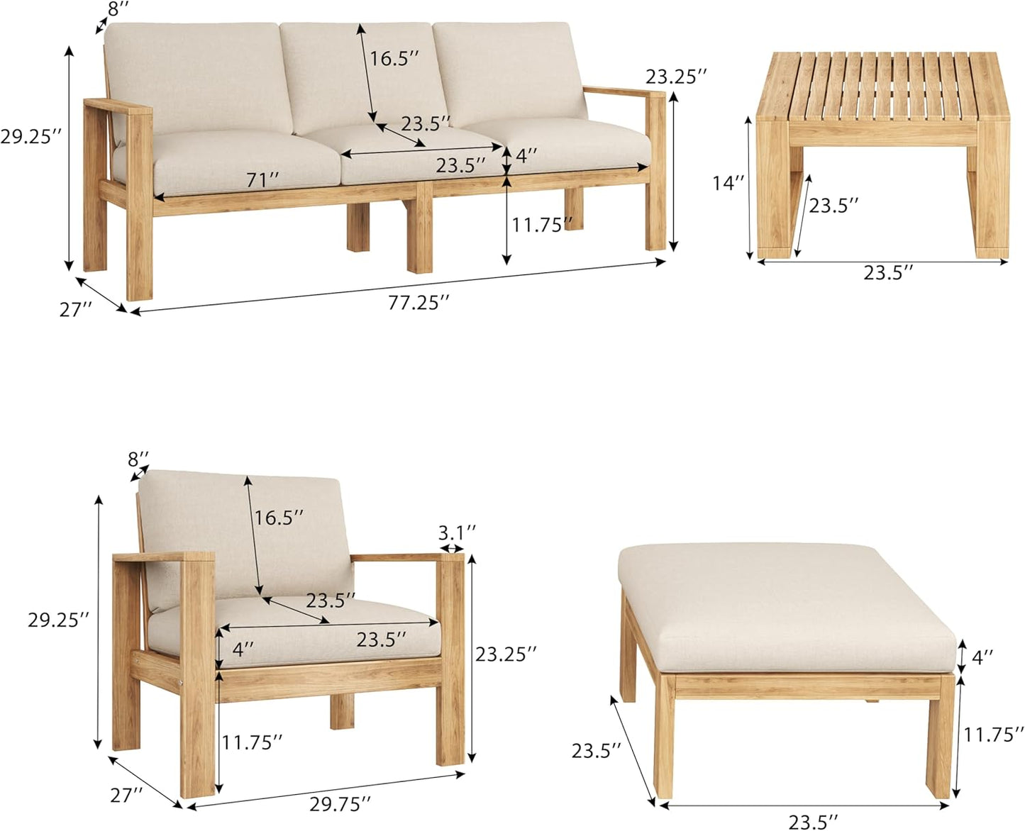 Outdoor 5 Pieces Sectional Patio Sofa Set, Acacia Wood Conversation Set with Coffee Table, Ottoman and 2 Chairs for Backyard Porch Garden Balcony