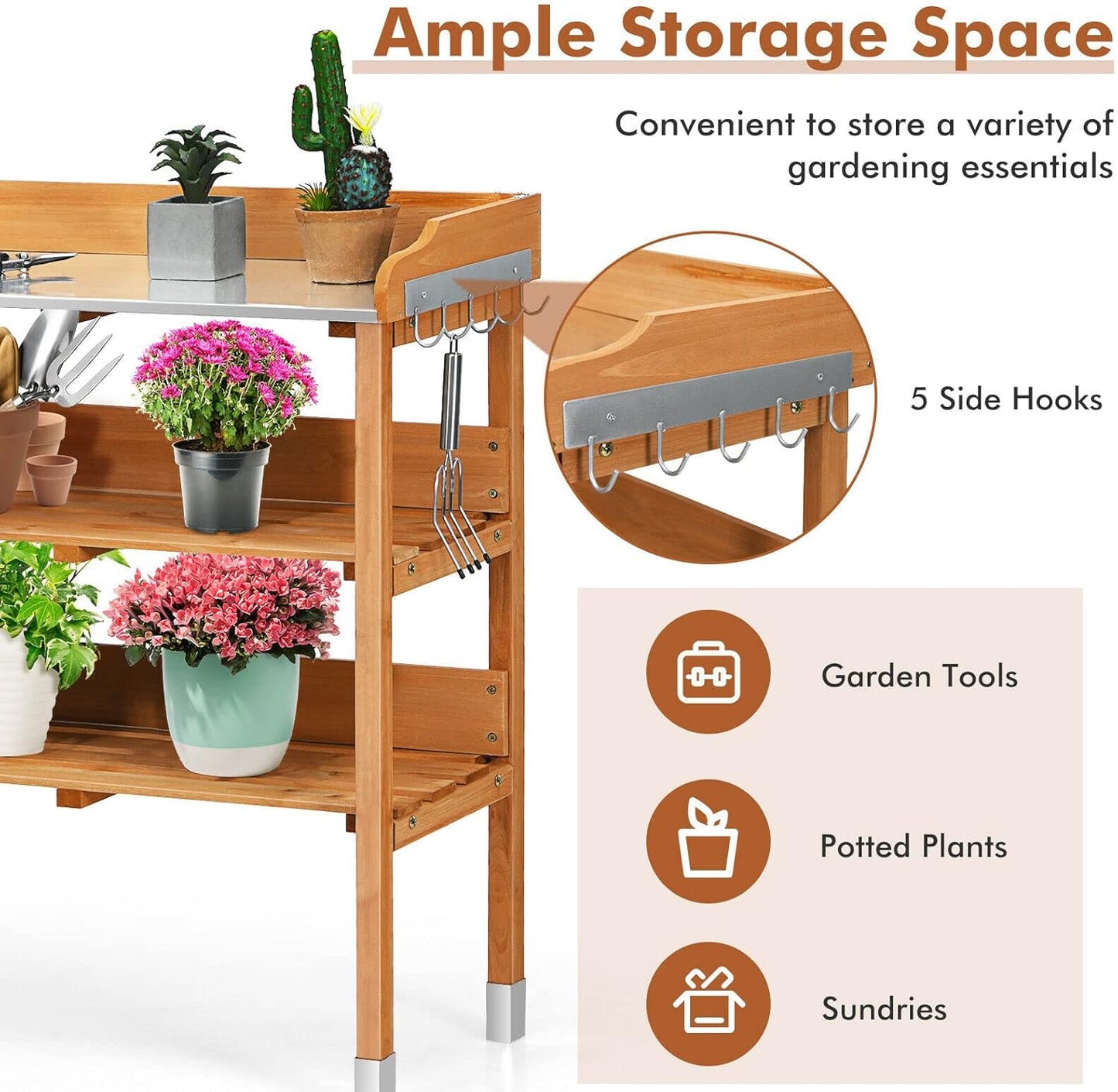 S AFSTAR Potting Bench, Work Station with Fir Wood Construction & Metal Tabletop, Garden Planting Table w/Open Shelves and Hanging Hooks, Gardening Table Potting Table for Outside Backyard Balcony