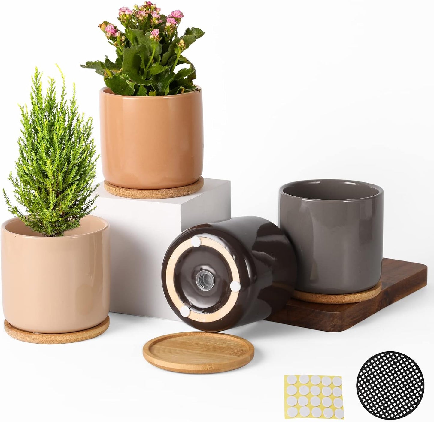 OMAYKEY 4 Inch Ceramic Plant Pot with Saucer, Multicolor Bright Glazed Planters Pots with Drainage Hole and Mesh Pads for Succulent, Indoor Flowers, Snake Plants, Cactus, Herbs, Set of 4