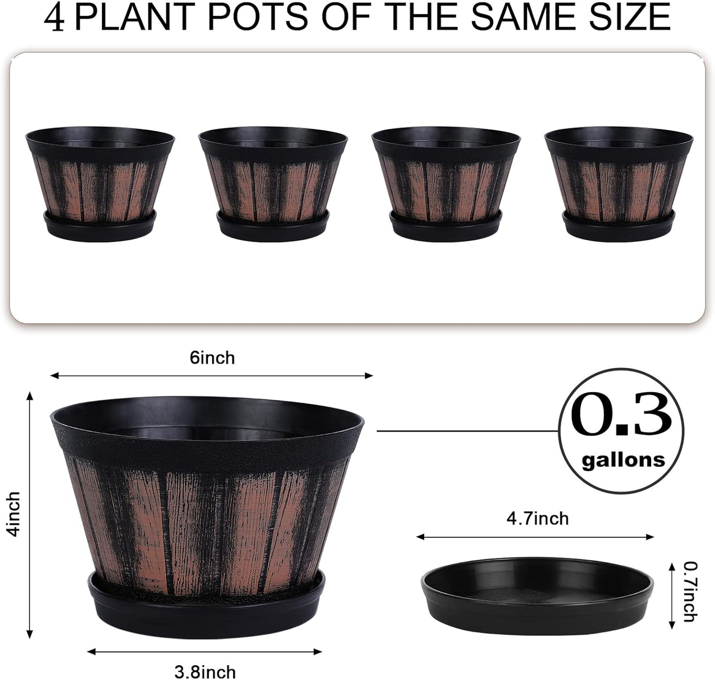 Quarut 6 inch Brown Barrel Planters with Drainage Holes & Saucer, Set of 4, Indoor & Outdoor Garden Home Plants