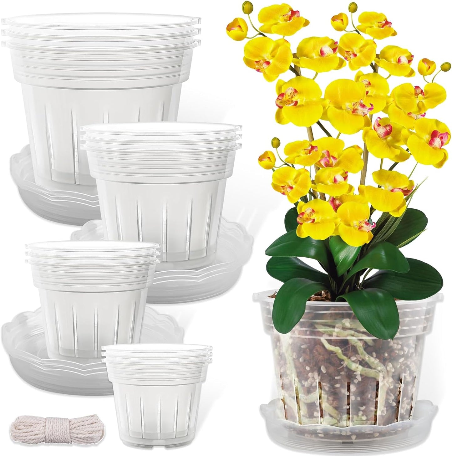 REMIAWY Orchid Pot, 12 Orchid Pots with Holes and 9 Saucers, 3 Each of 4.1, 4.8, 5.7 and 6.4 Inch Clear Flower Planter for Repotting, Plastic Breathable Plant Nursery Planters with Drainage
