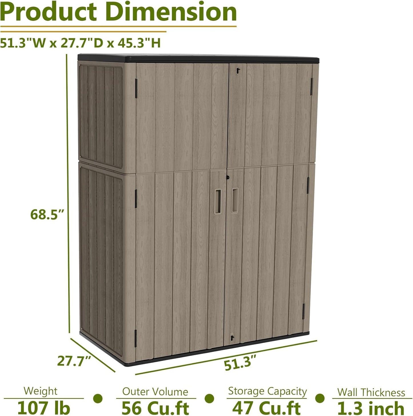 HOMSPARK 47 Cu.Ft Outdoor Storage Shed Weather Resistant, Multi Functional | Double-Wall Resin Storage Sheds & Outdoor Storage Box Waterproof for Backyard Garden Patio Lawn (Brown)