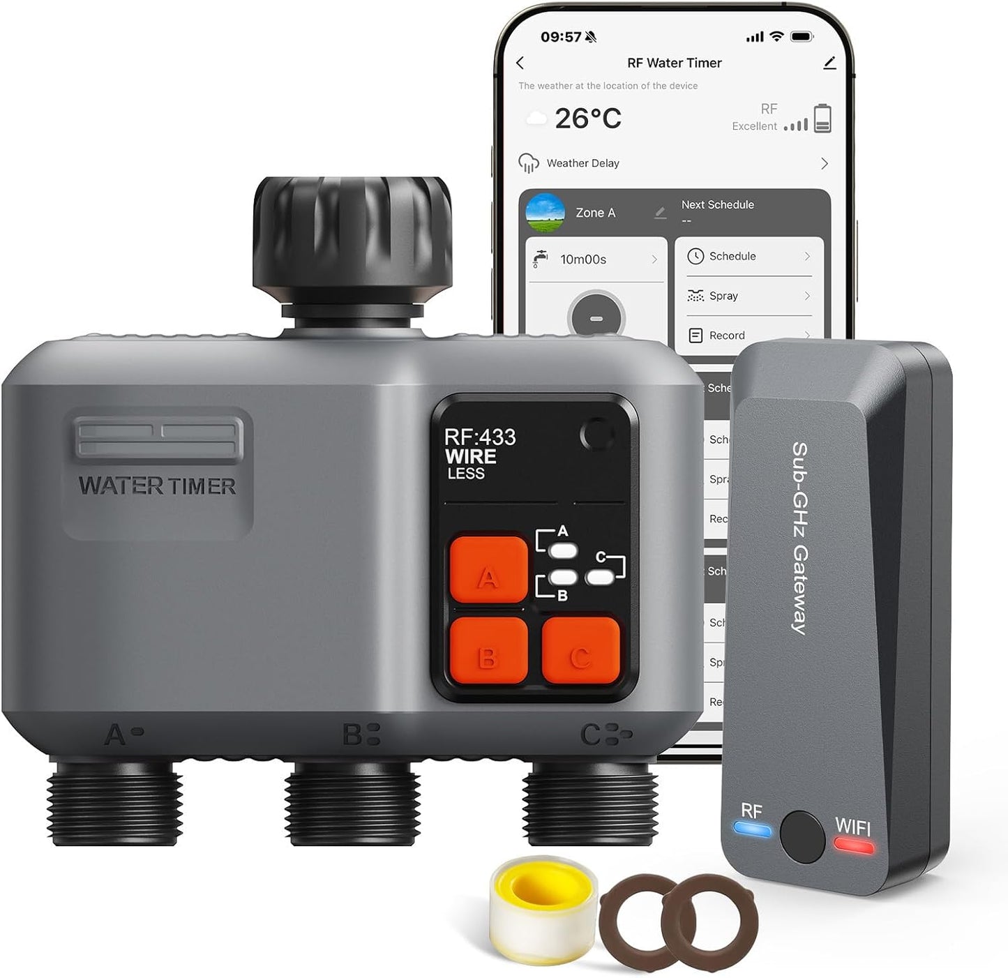 WiFi Sprinkler Timer 3 Zone with 984 Feet RF Gateway, 3 Outlet Smart Water Timer for Garden Hose with Rain Delay/Manual/Automatic,WiFi Water Hose Timers for Garden & Lawns