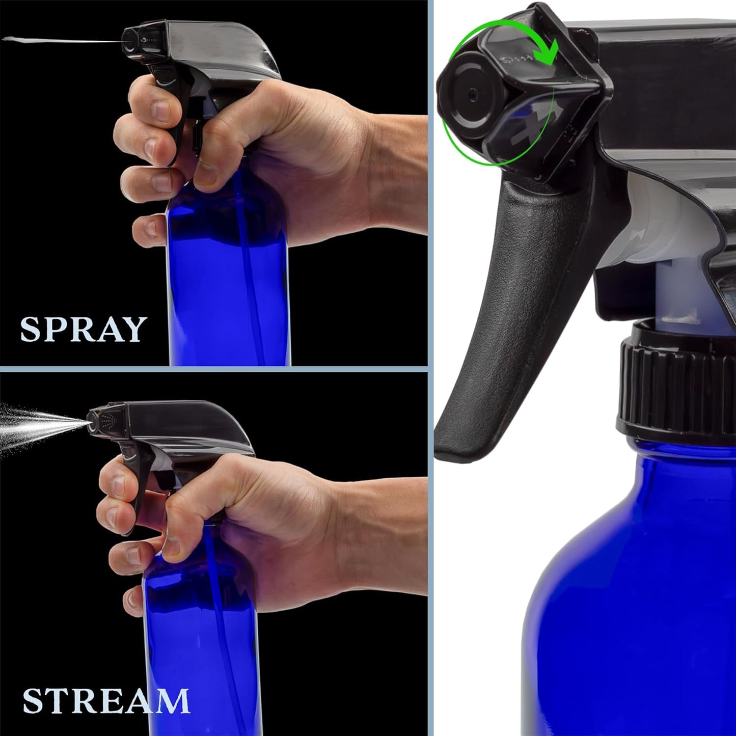 Cornucopia Brands 8-Ounce Cobalt Blue Glass Boston Round Spray Bottles (2 Pack) 3-Setting Heavy Duty Sprayers, Empty Refillable Bottle