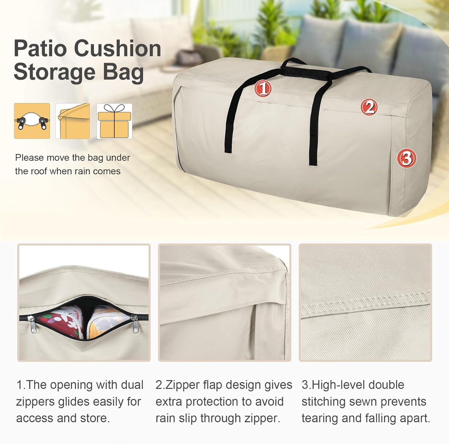 Porch Shield Outdoor Cushion Storage Bag 48 inch Waterproof Outside Storage Bags for Patio Furniture with Zippers and Handles