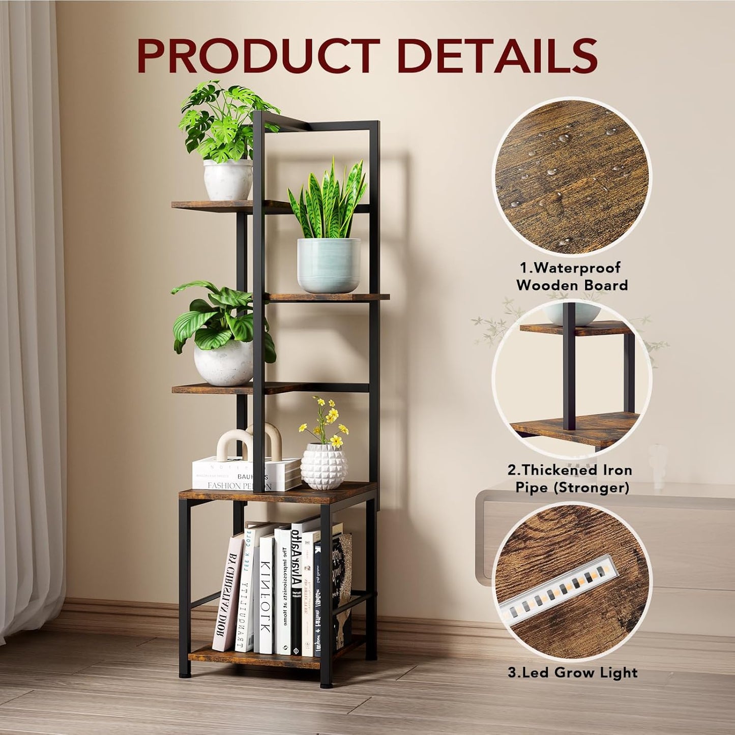 Plant Stand Indoor with Grow Light, 5-Tiered Tall Plant Stand Indoor, Metal Plant Shelf with Bookshelf Bookcase and Adjustable Light, Ideal for Living Room, Reading room, Garden, Patio (Brown)