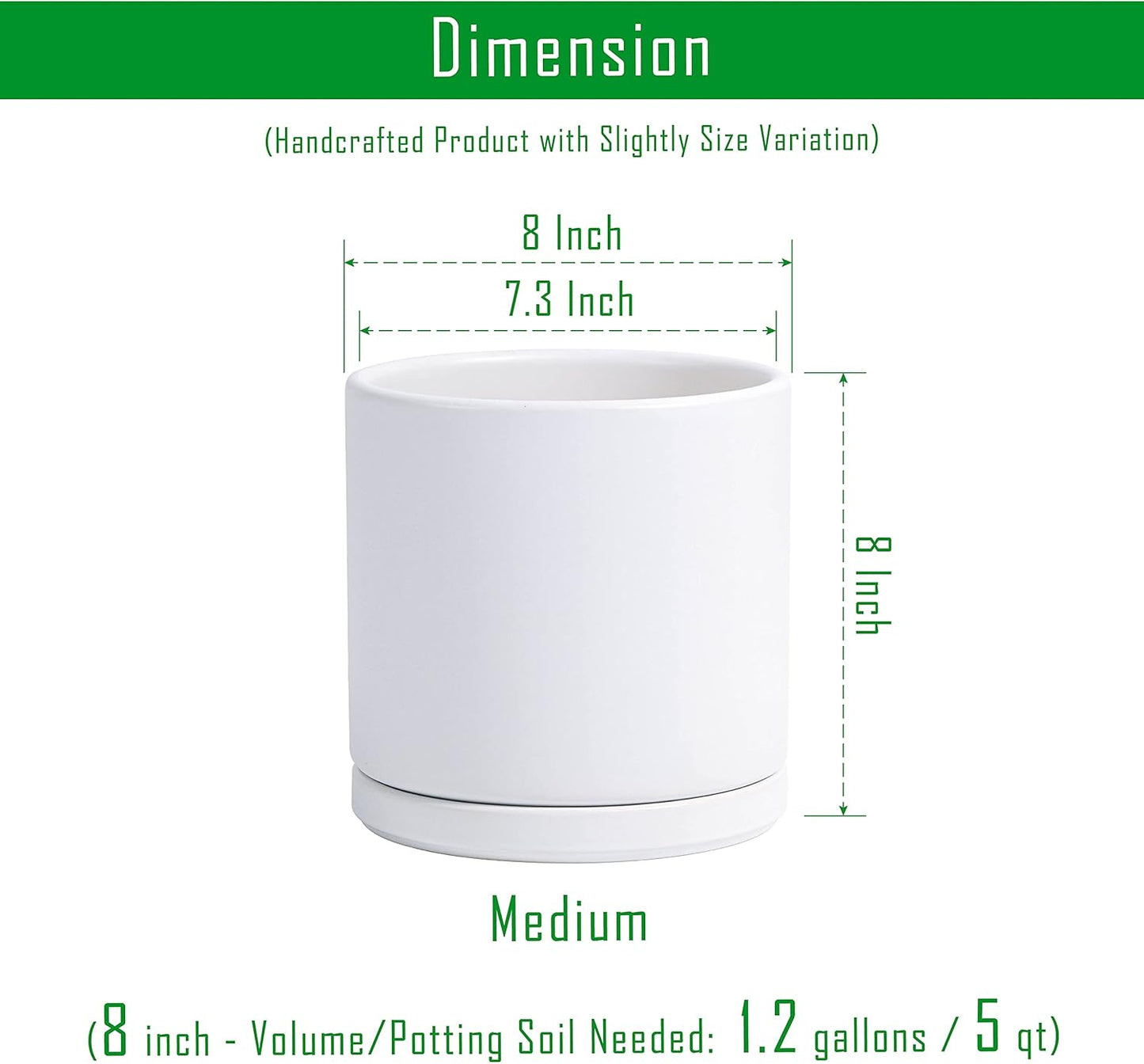 D'vine Dev Set of 2 Plants Pots, 8 Inch Ceramic Planter Pot for Plants with Drainage Hole and Saucer, White, 94-V-D-1