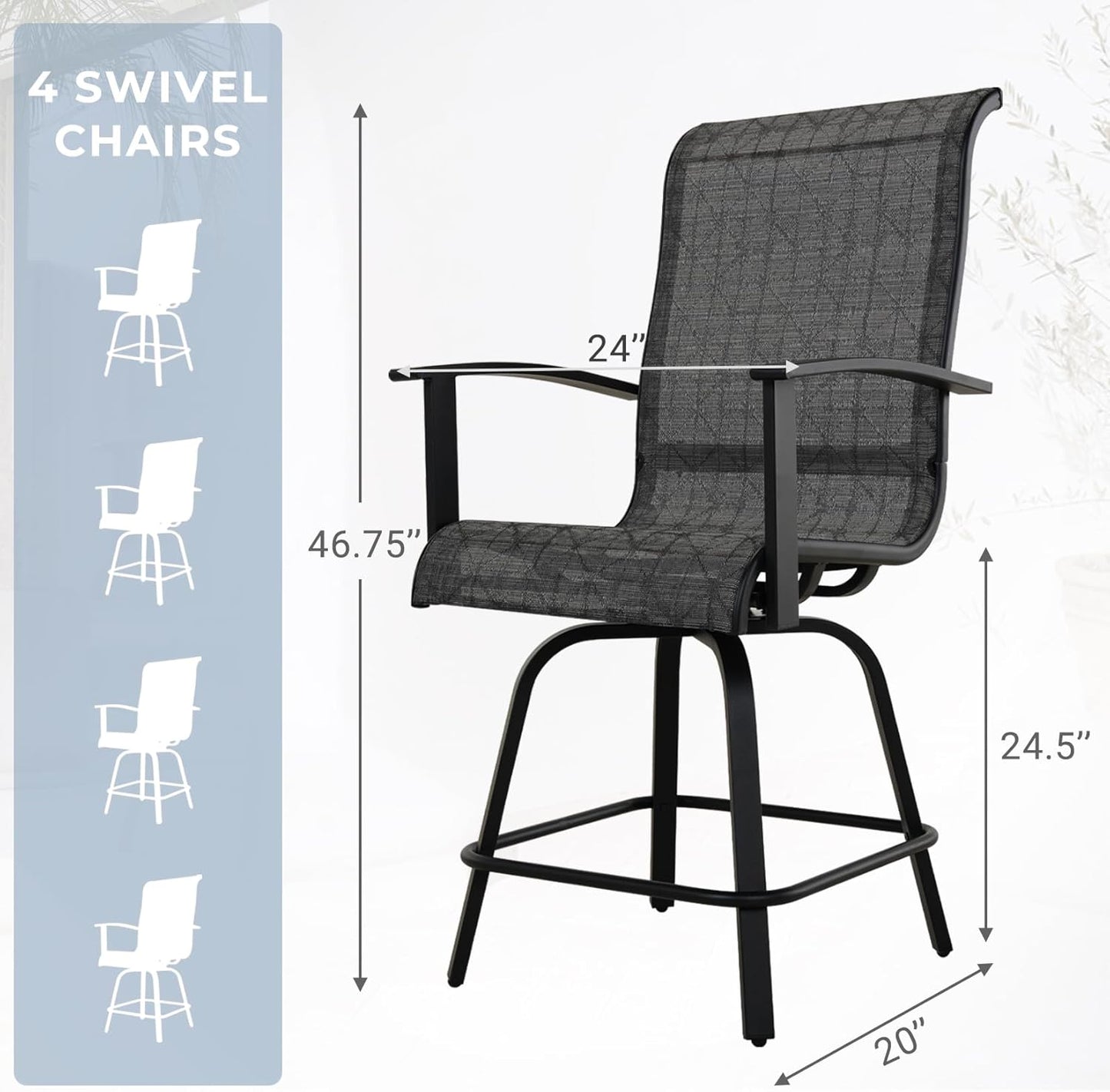 Grand patio 5-Piece Counter Height Patio Bar Set, Swivel Bar Stools and Faux Wood Grain Dining Table with Ice Bucket for Outdoor Kitchen Bistro Small Space Restaurant, Black&Grey Plaid