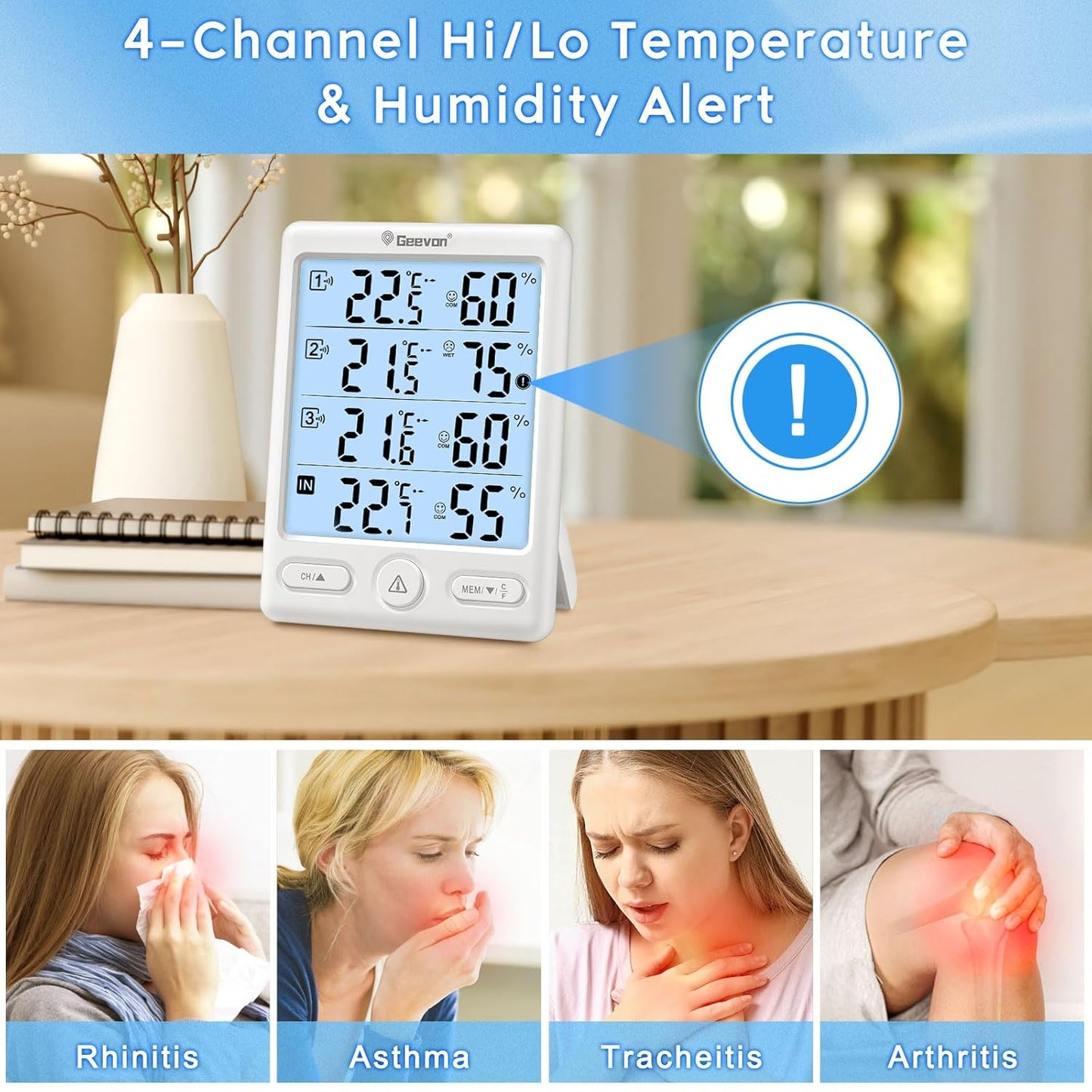 Geevon Indoor Outdoor Thermometer Wireless, 5-Inch Display Digital Hygrometer Thermometer Temperature Humidity Monitor with 3 Remote Sensors and Backlight, Battery-Powered(White)