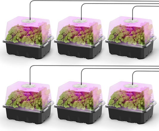 MIXC Seed Starter Kit with Grow Light, Elevated Seedling Tray Kit with Adjustable Humidity Dome and Clear Cell Tray, 12 Full Spectrum Led Beads for Seed Starting Greenhouse, 6 Pack, Black