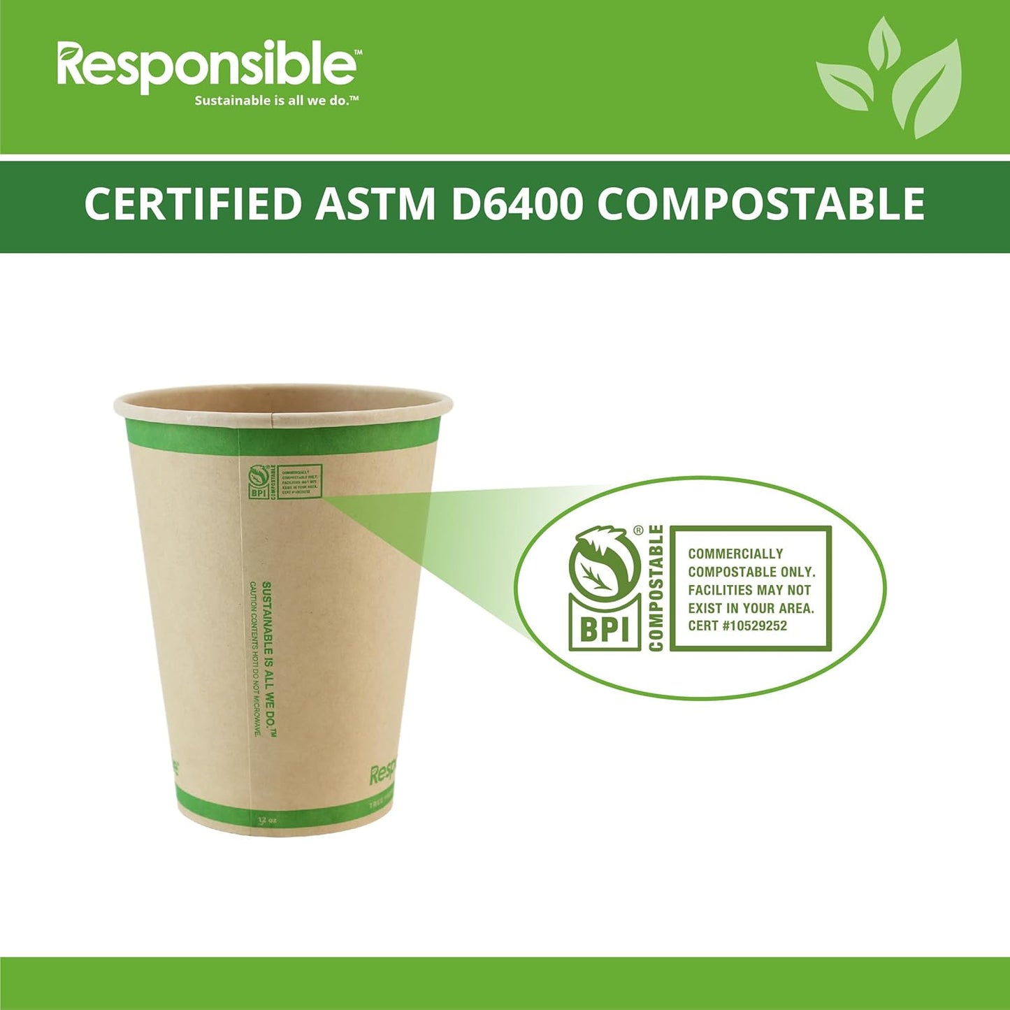 Certified Compostable 12 oz Paper Cups, Cold ＆ Hot Coffee Cups, Disposable Paper Cups, Extra Strength Disposable Cups, Made without PFAS (50 count)