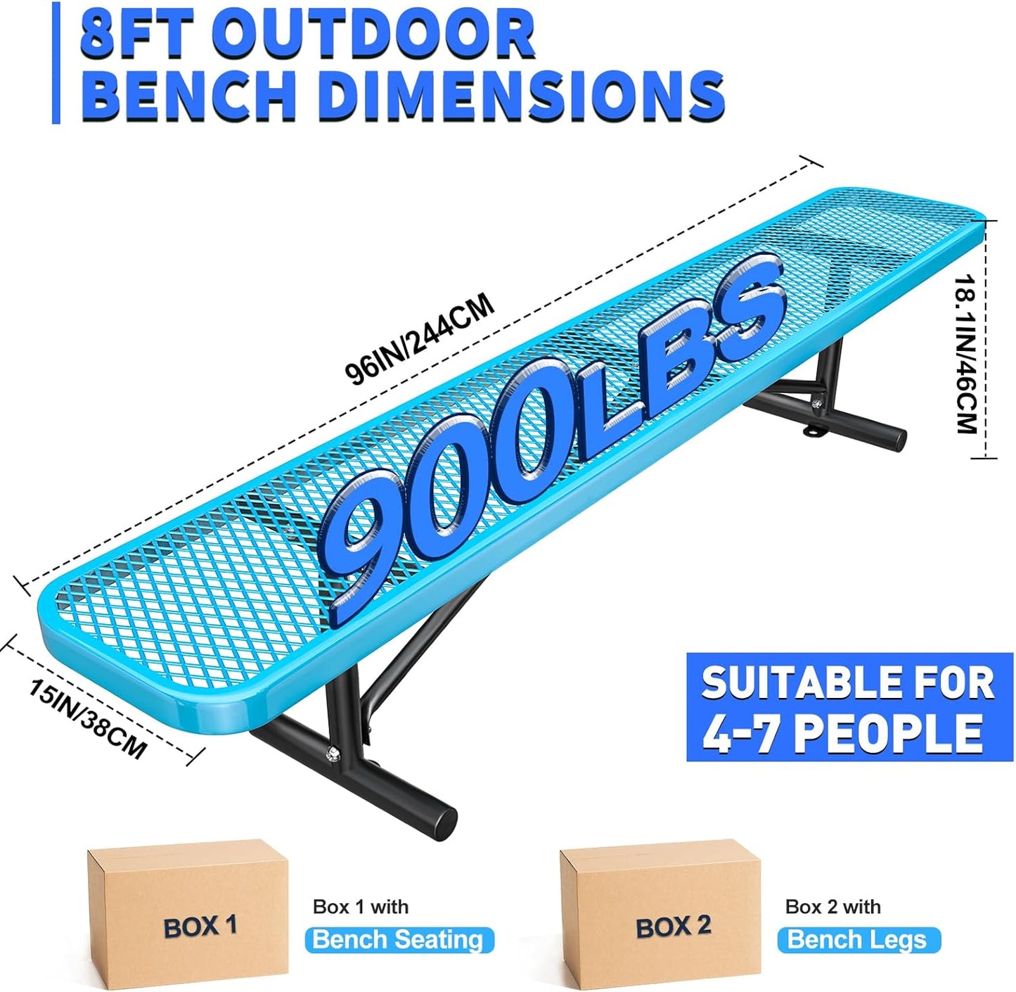 Heavy-Duty Park Bench or Table for Outside - Black Coated Outdoor Furniture Steel Bench, Commercial-Grade Outdoor Benches Weatherproof for Park, Patio, Porch (Blue, 8FT (Without Backrest))