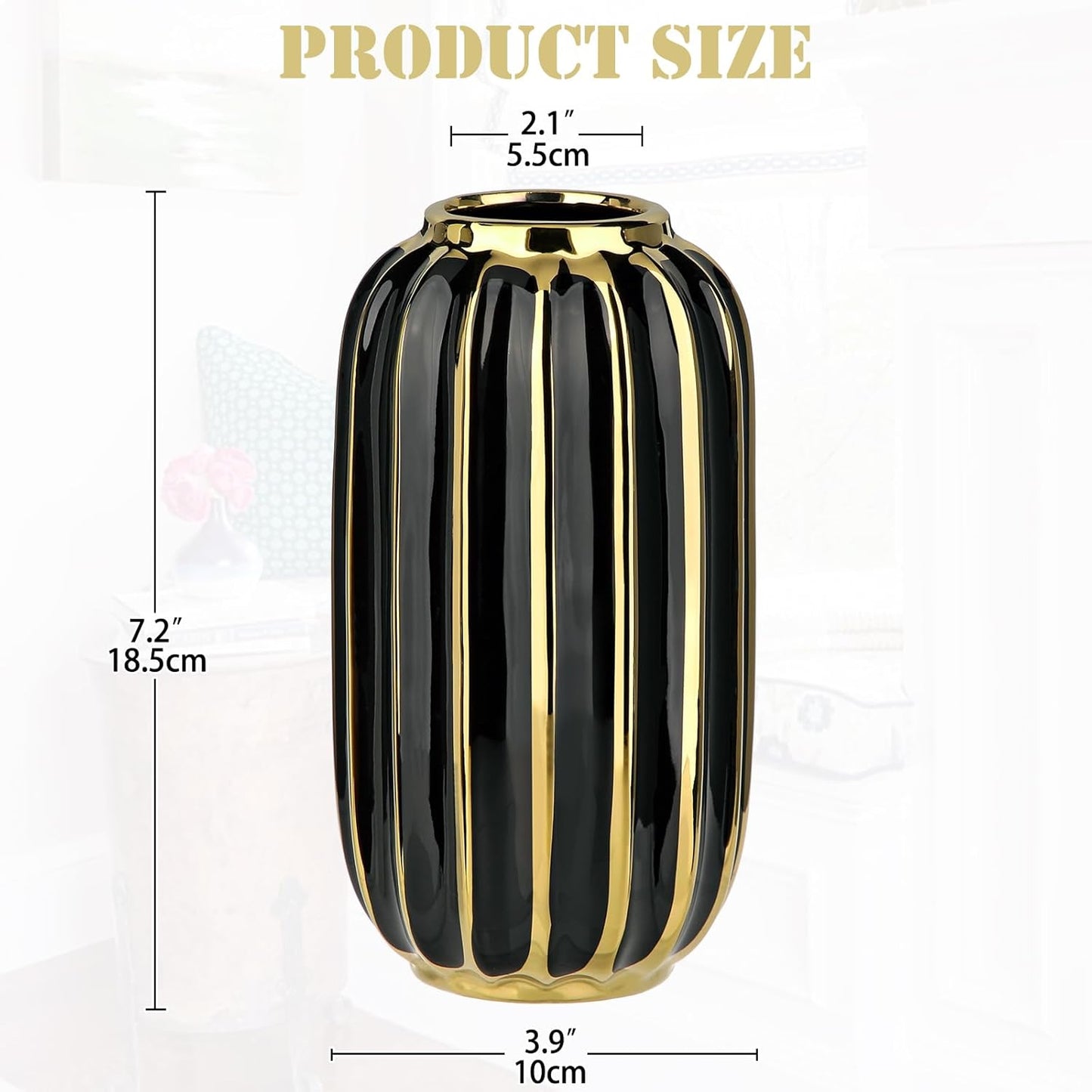 Briful Gold Plated Lantern Ceramic Vase Home Decor Creative Design Porcelain Decorative Flower Vase 8.66'' Black Ceramic Vases for Wedding Anniversary Decoration
