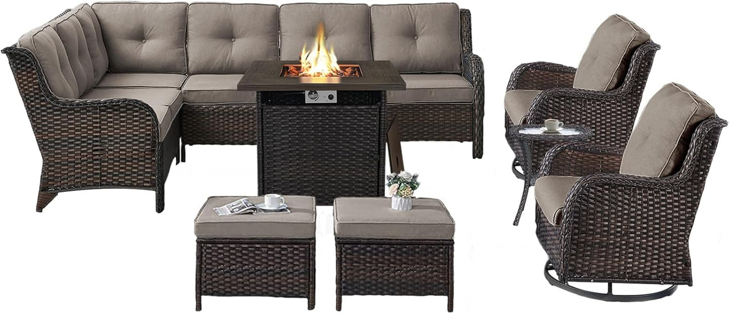 Outdoor Sectional Furniture Sofa Set with 50000BTU Propane Fire Pit Table, Wicker Patio Conversation Set with 2 Swivel Rocker Glider Chairs Grey Cushion Perfect for Backyard Casual Gathering