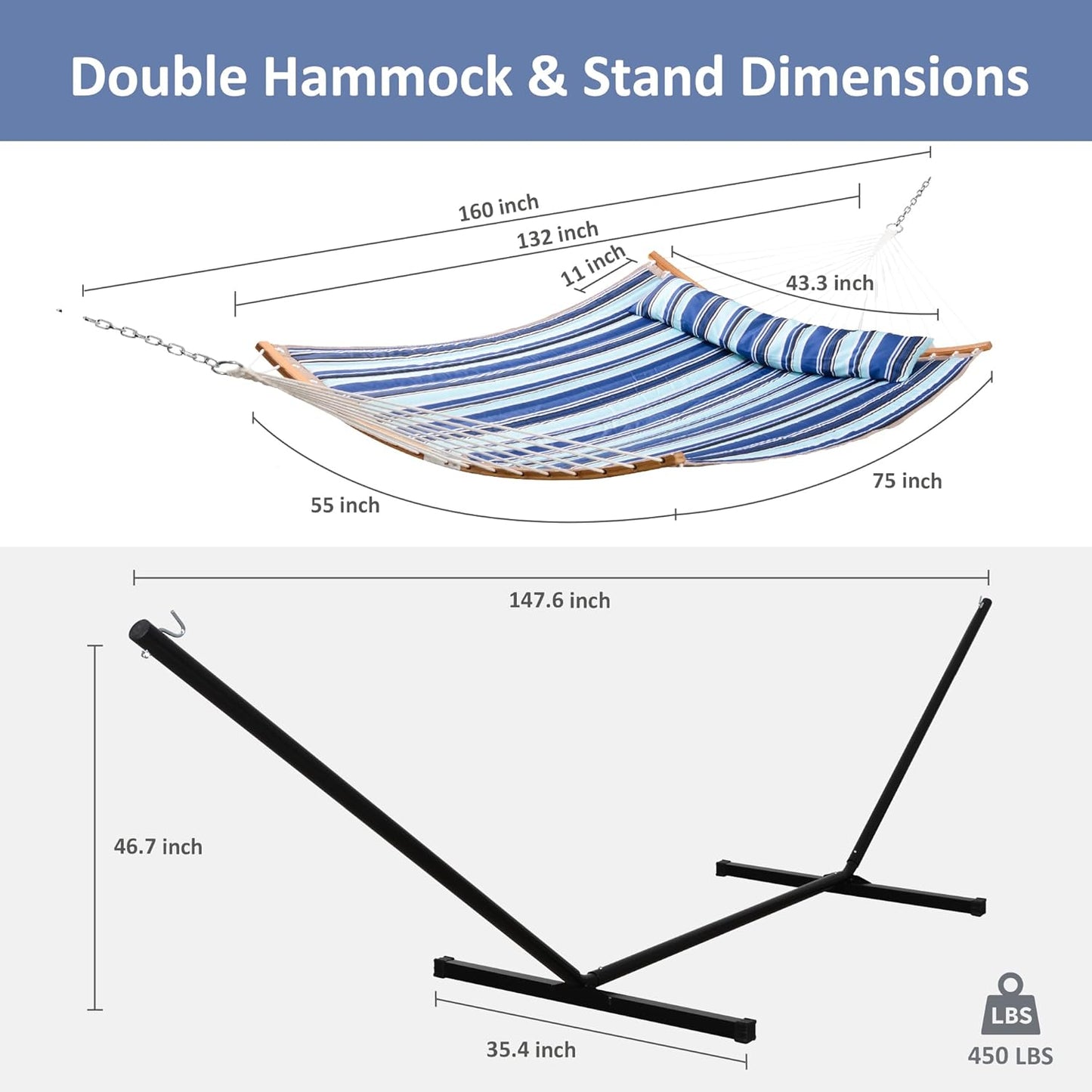 SUNCREAT Double Hammock with Stand Included, Portable Hammock with Stand and Large Pillow, Blue Stripes