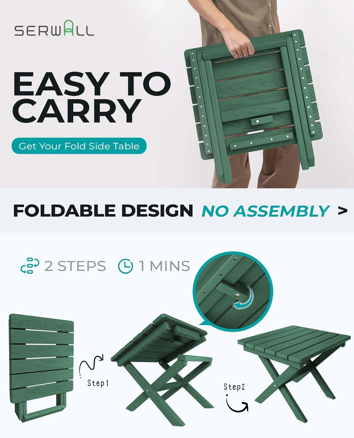 SERWALL Portable Folding Outdoor Side Table - Adirondack Style, HDPE Material, No Assembly Required, Outside End Table for Patio, Porch, Deck, Pool, Green
