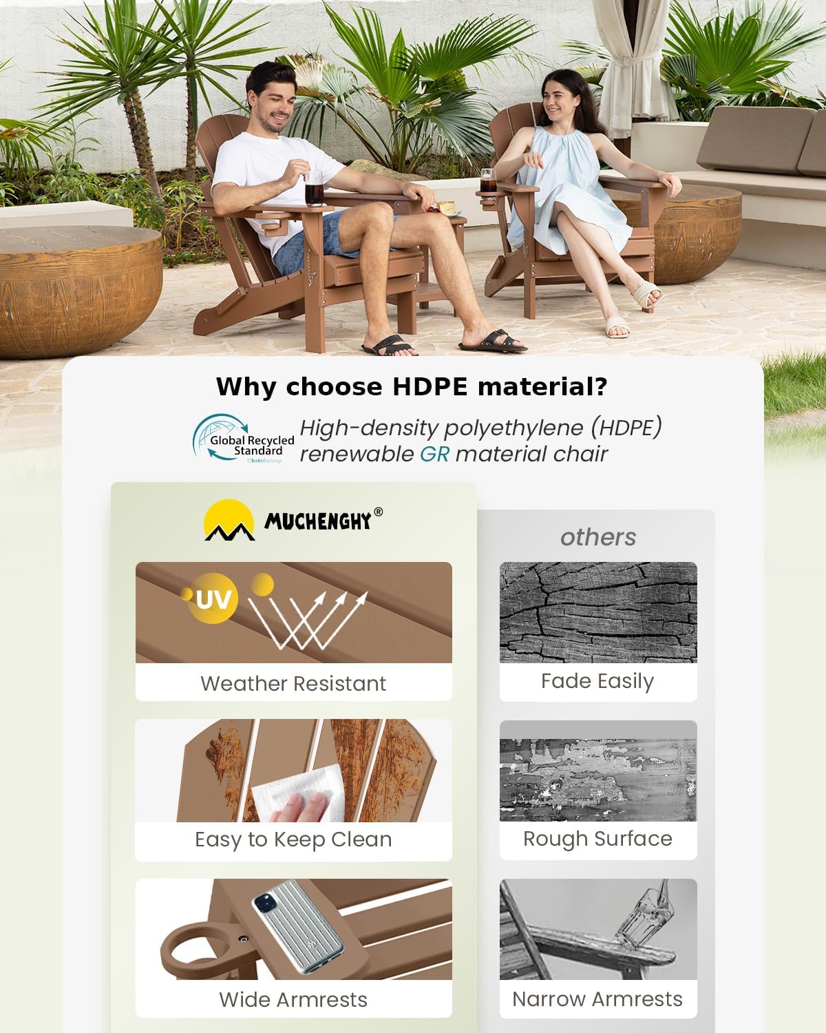 MUCHENGHY Folding Adirondack Chairs Set of 2, Patio Chairs, Lawn Chairs, Outdoor Chair, Adirondack Chair Plastic, Fire Pit Chairs, Weather Resistant with Cup Holder for Deck, Backyard, Garden(Teak)