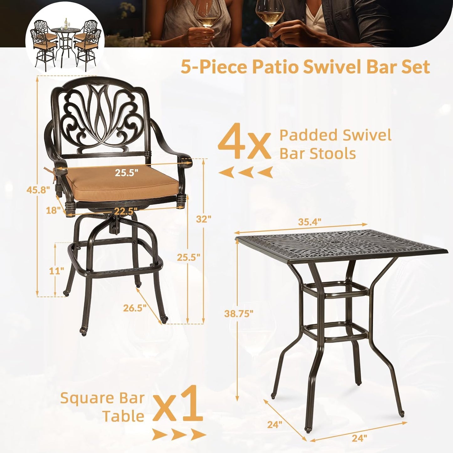 5 Pieces Patio Swivel Bar Set, Patio Bar Table and Chairs Set, All-Weather Cast Aluminum Outdoor Swivel Bar Stools of 4 and 35.4" Square Bar Table, High Top Bistro Set for Deck, Pool, Garden