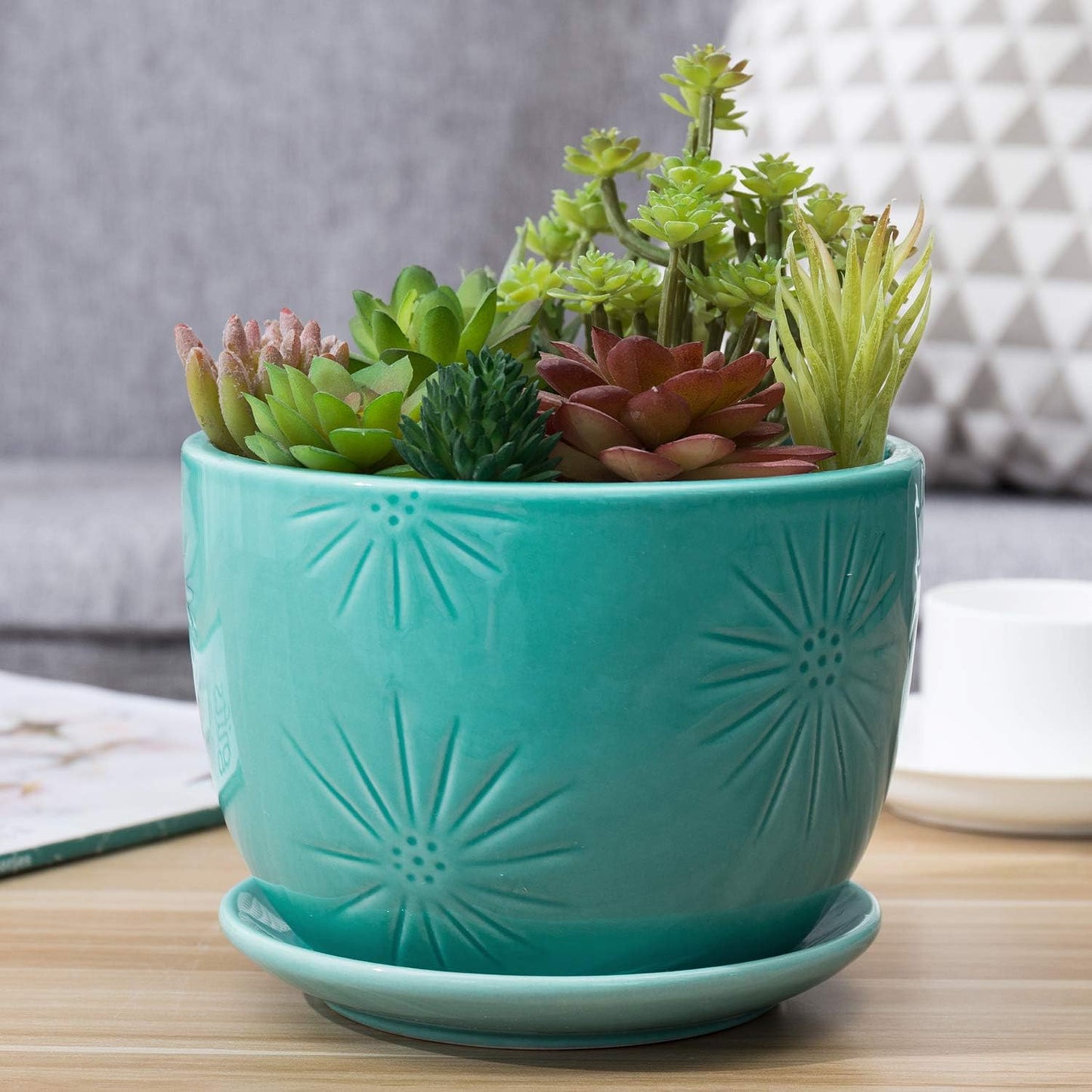 MyGift 7 Inch Round Turquoise Ceramic Plant Pot with Drainage Hole and Attached Saucer, Modern Decorative Embossed Sunburst Planter Container for Indoor Home Garden