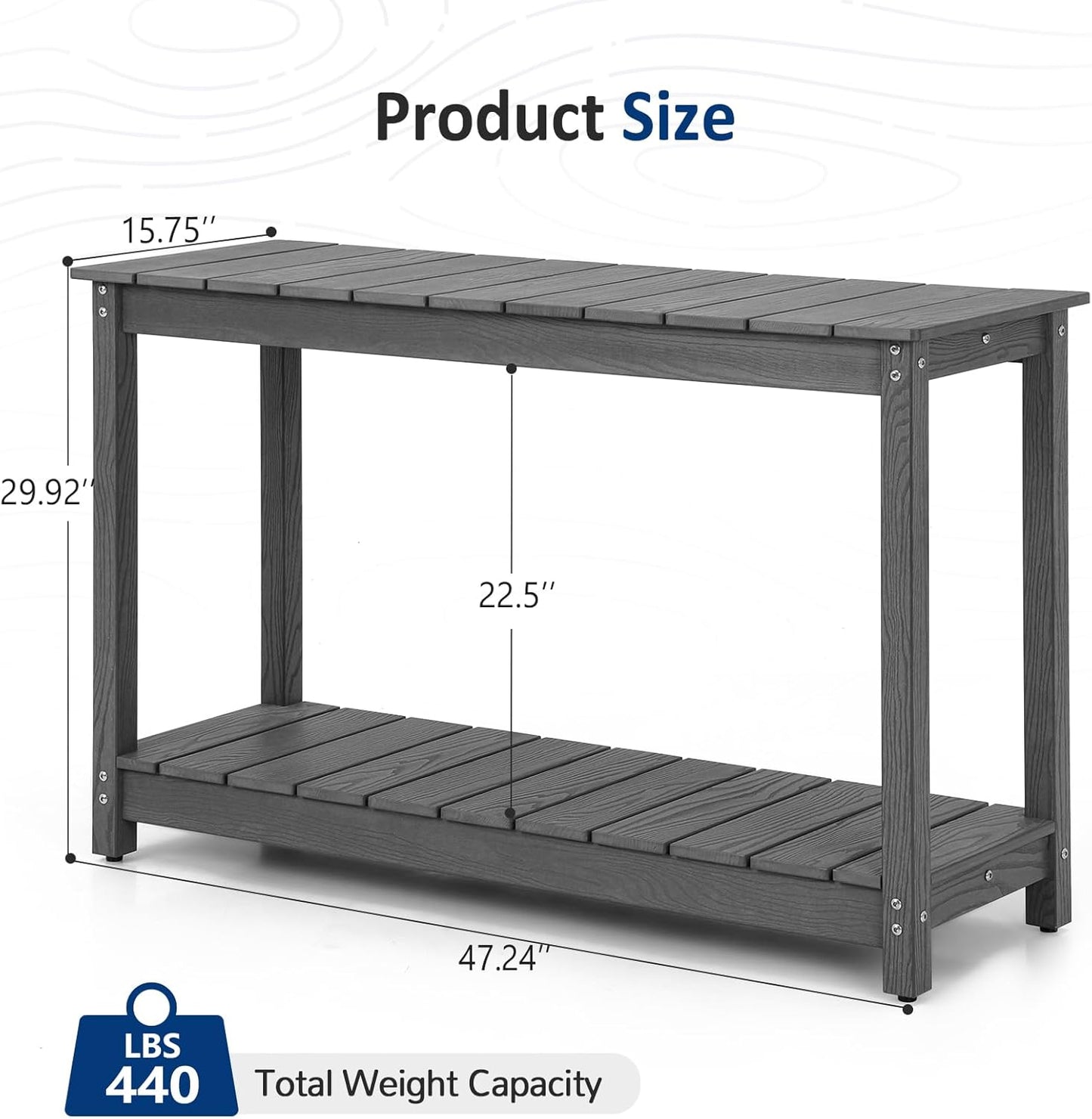 Outdoor Console Table, 48" Weather Resistant HIPS Patio Side Table, 440LBS Weight Capacity, 2-Tier Multifunctional Buffet Bar Storage Organizer for Garden Deck, Gray