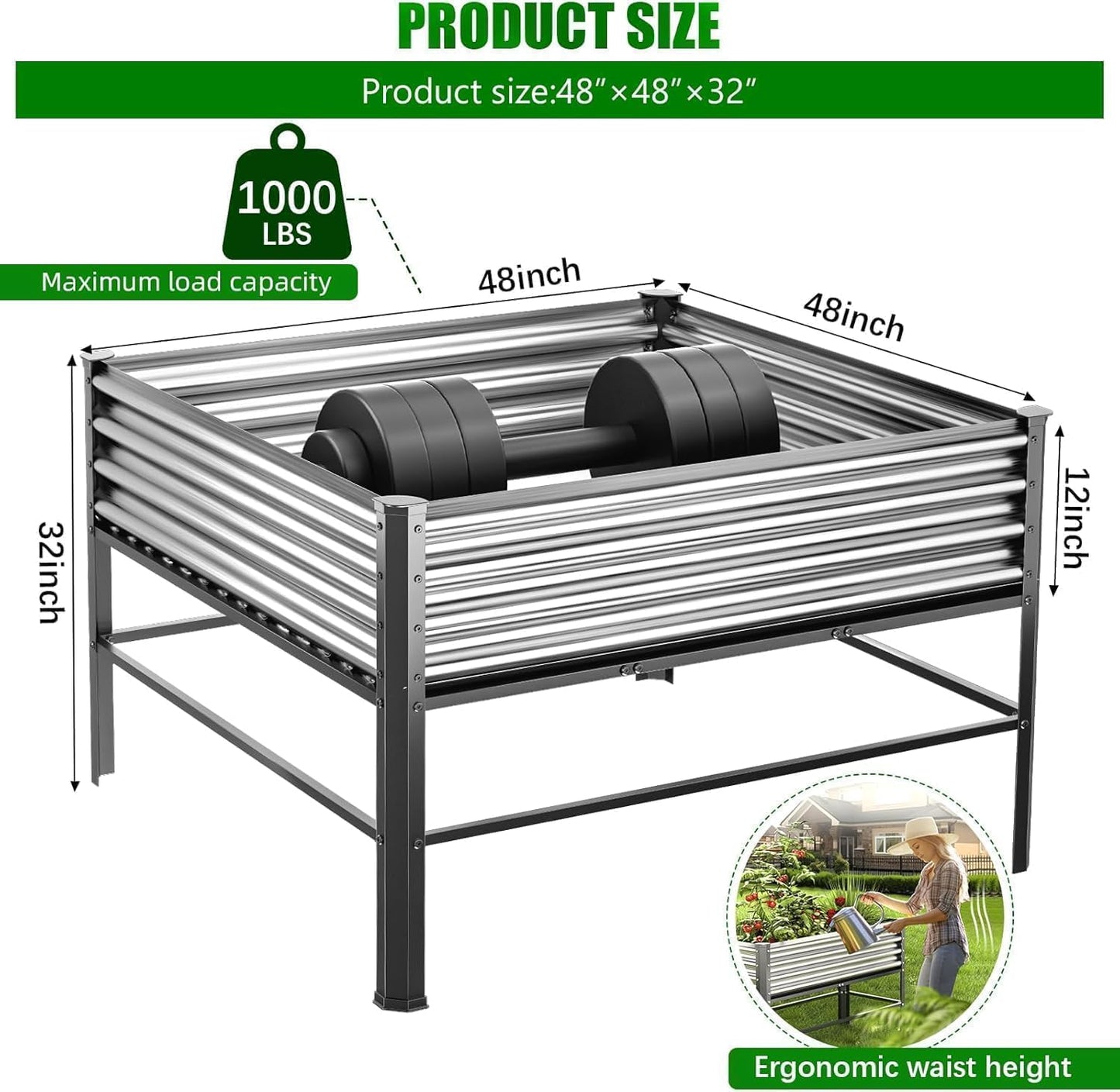 Doniks Raised Garden Bed with Legs, 48×48×32in Large Outdoor Metal Galvanized Garden Planting Box,1000lb Capacity for Vegetables Lawn Green Flowers, Fruits, Terrace