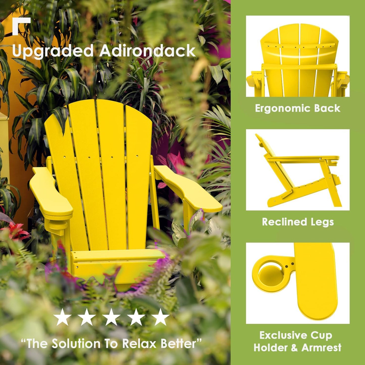 GREENVINES Folding-Adirondack-Chair | HDPE Plastic | Fire Pit Chairs | All Weather | Cup Holder | Yellow | for Deck Backyard Patio Outdoor Garden