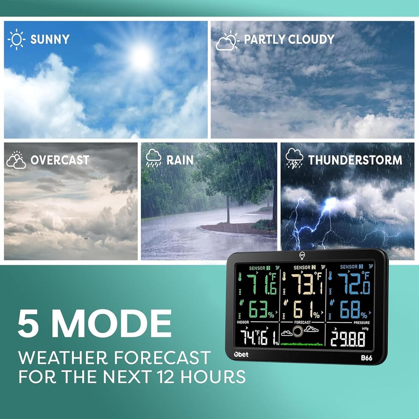 OBET Weather Station Wireless Indoor Outdoor Thermometer with 3 Sensors, Temperature Humidity Monitor with Alerts 500ft Range and 3 Adjustable Brightness