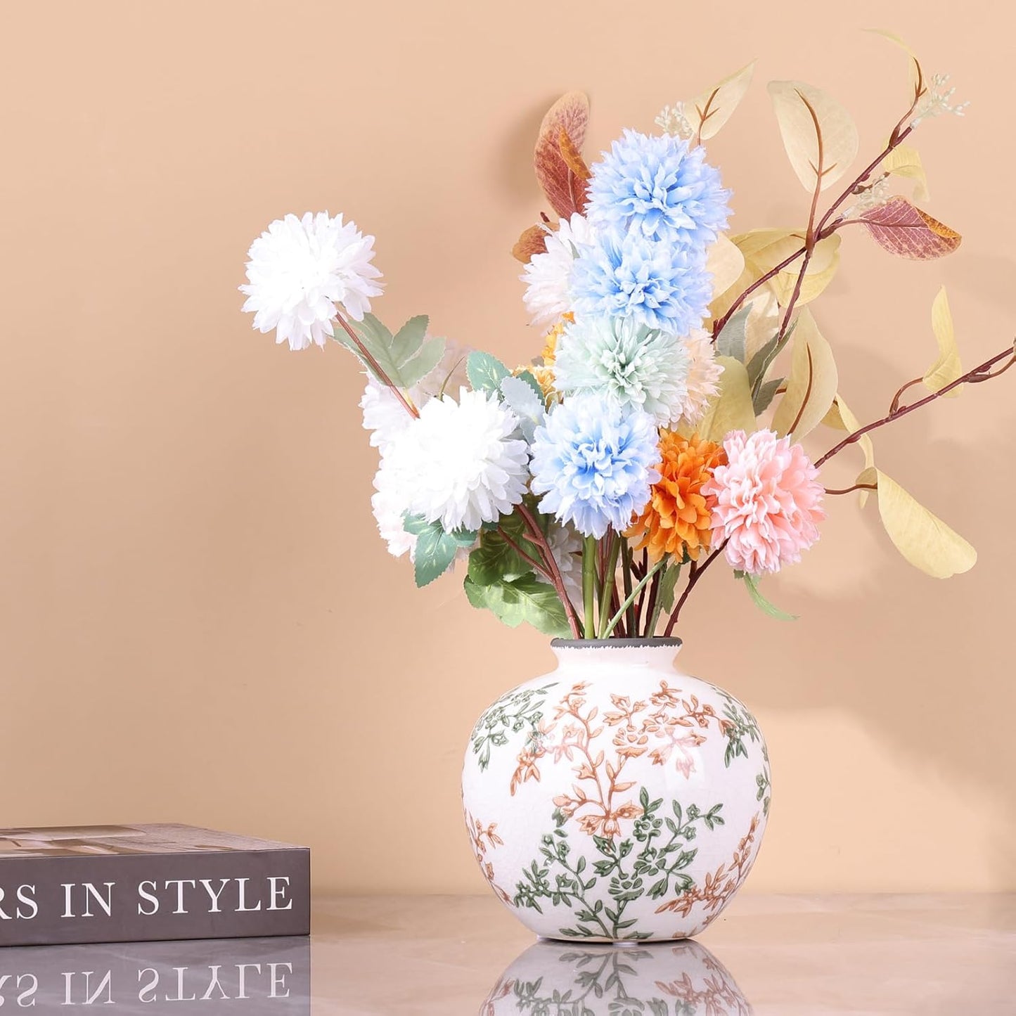 Green, White, and Brown Vintage Round vase, Chinese-Style Green Farmhouse Decorative vase, Suitable for Home Decor，Living Room, Dining Table, Office, Bookshelf, TV Cabinet, entryway Decor.