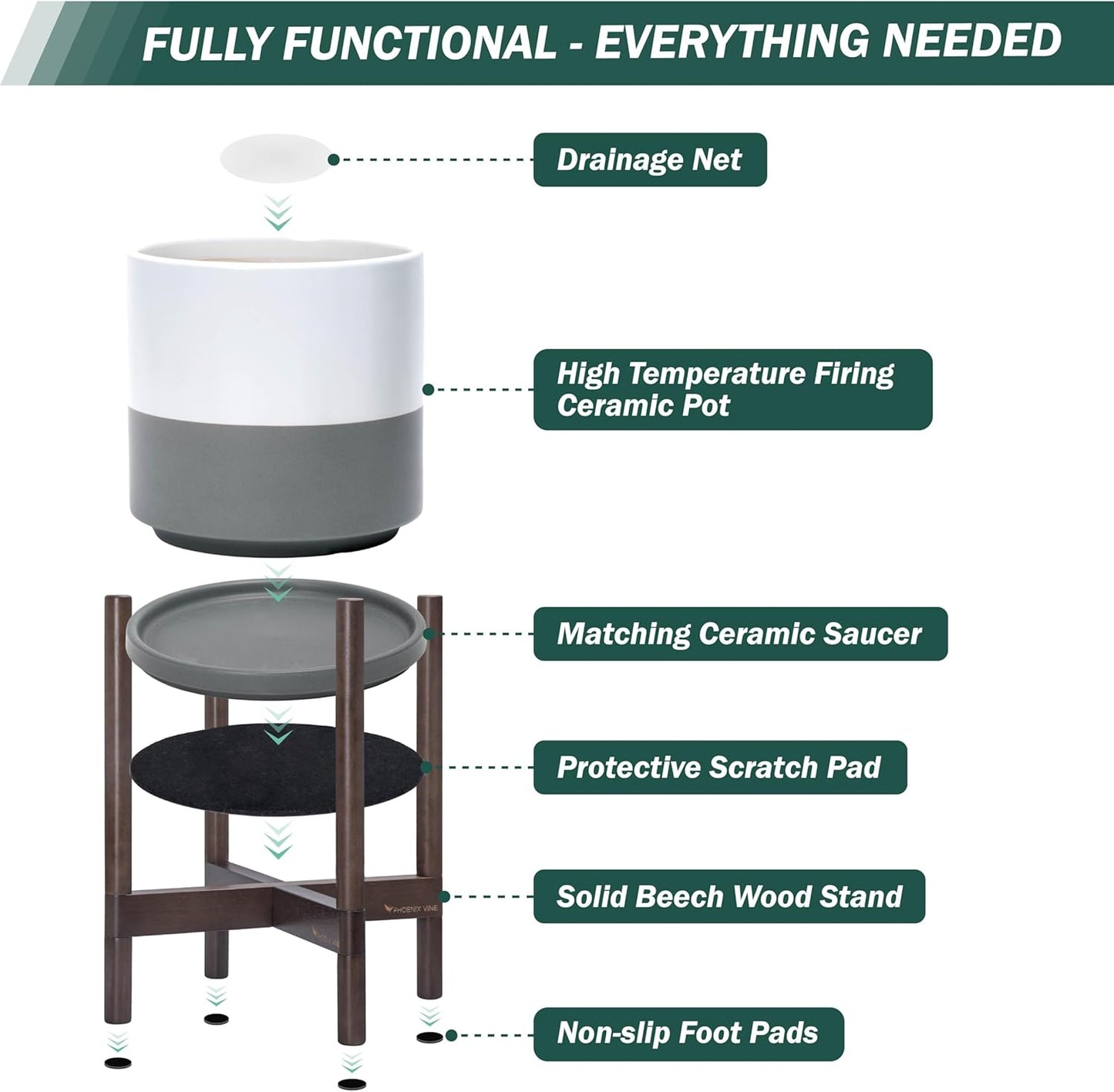 D'vine Dev Ceramic Planter with Walnut Color Stand - 12 Inch Modern Round Flower Pot with Wood Planter Holder, White/Grey, 55-B-W-6