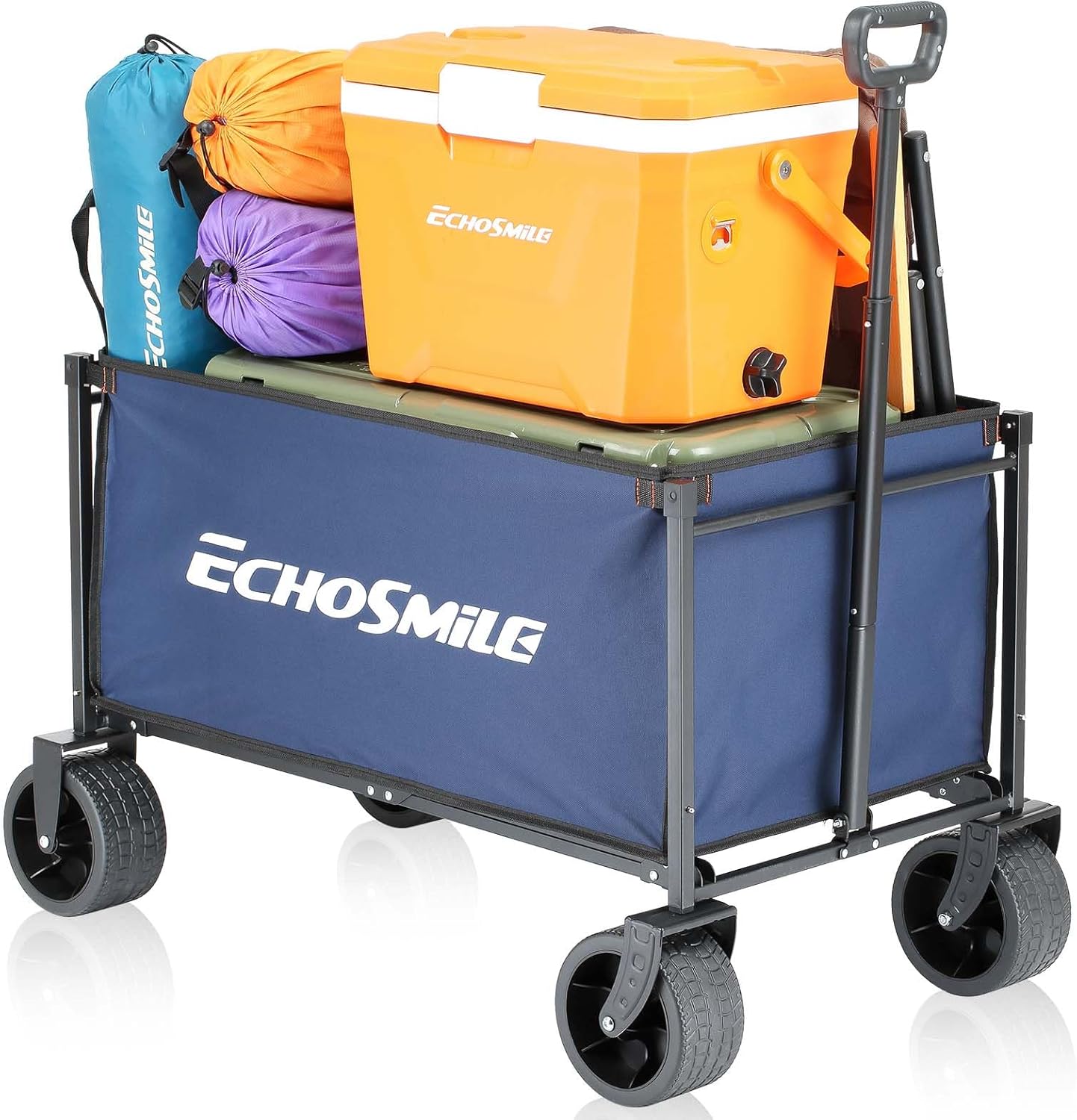 EchoSmile Collapsible Folding Wagon Cart with All-Terrain Wide Wheels, Heavy Duty Garden Cart with 350lbs Capacity,Portable Lightweight Rolling Wagon Cart for Camping Beach Sports Shopping,Blue