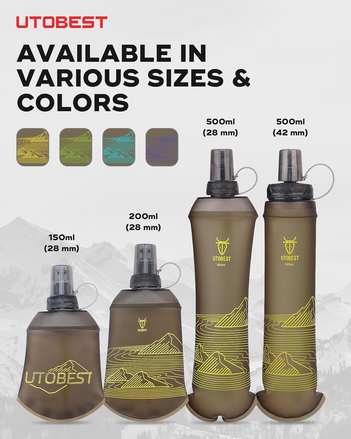 UTOBEST 150ml Soft Flask, 2 Pack Flexible TPU Hydration Water Bottle, Collapsible with 28mm Caliber for Running, Hiking, Cycling, Climbing, and Marathon Yellow