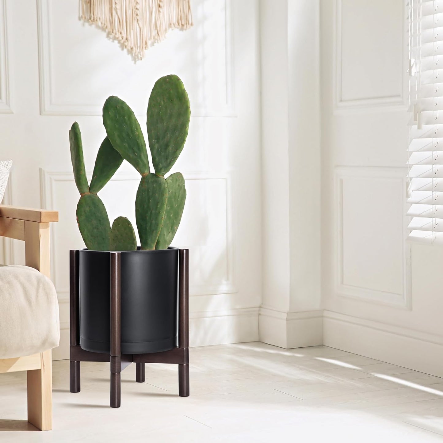 D'vine Dev Planter Pot with Stand - 12 Inch Plastic Cylinder Flower Pot with Wood Planter Holder for Indoor, Matte Black Pot + Walnut Color Stand, 55-C-O-2