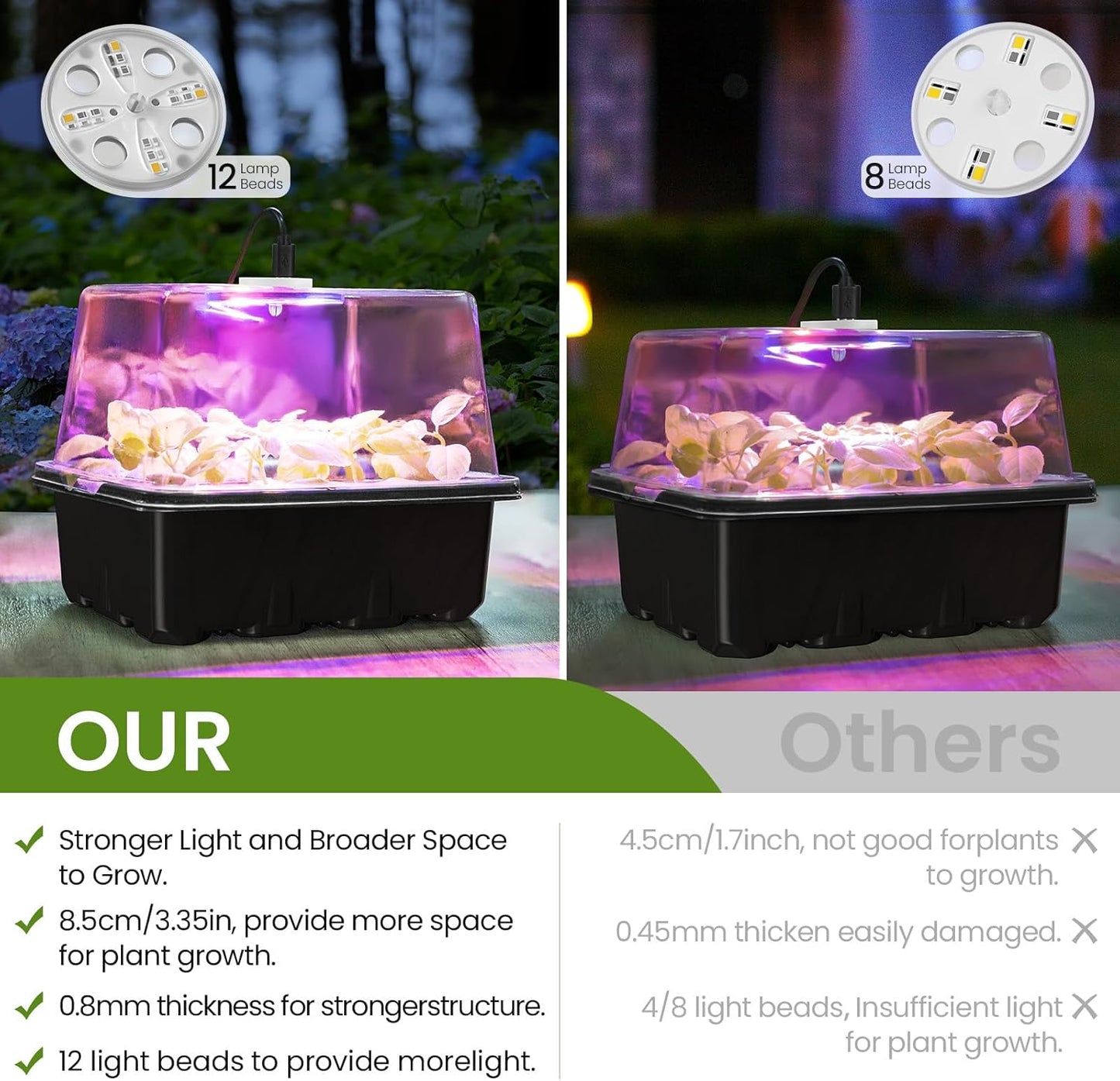 MIXC Seed Starter Kit with Grow Light, Elevated Seedling Tray Kit with Adjustable Humidity Dome and Clear Cell Tray, 12 Full Spectrum Led Beads for Seed Starting Greenhouse, 4 Pack, Black